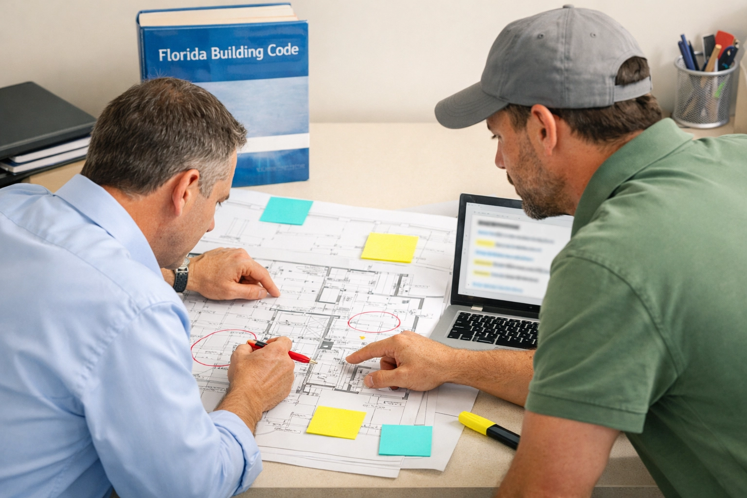 Professional plan review session ensuring projects meet Florida building code requirements.