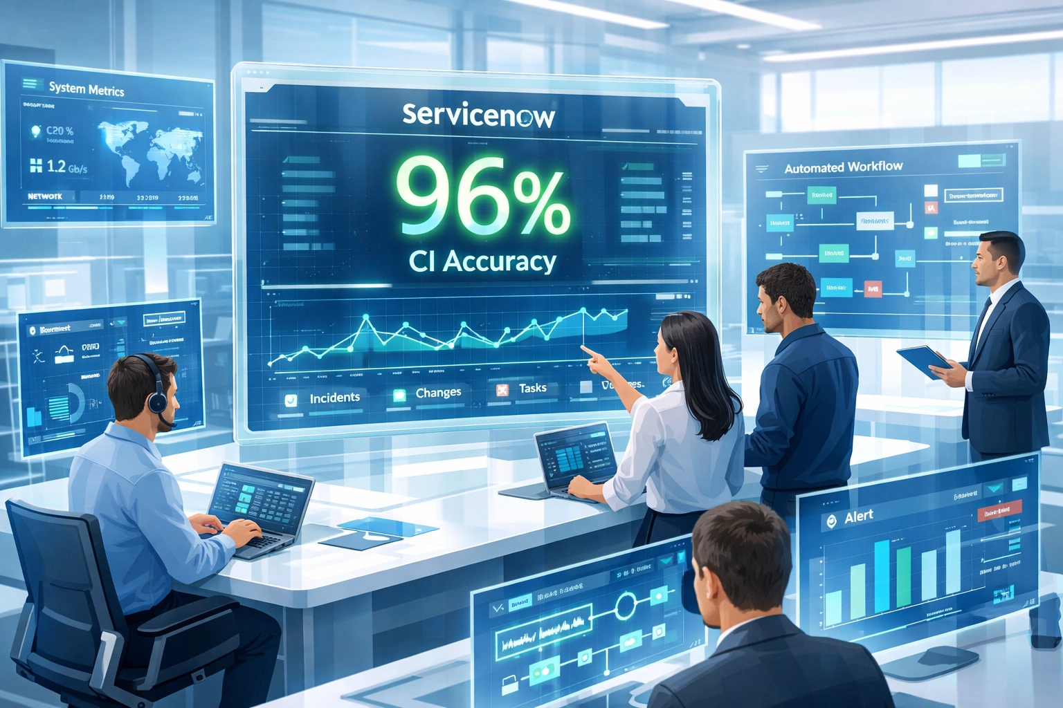 ITOM operations center displaying 96% CI accuracy on ServiceNow dashboard