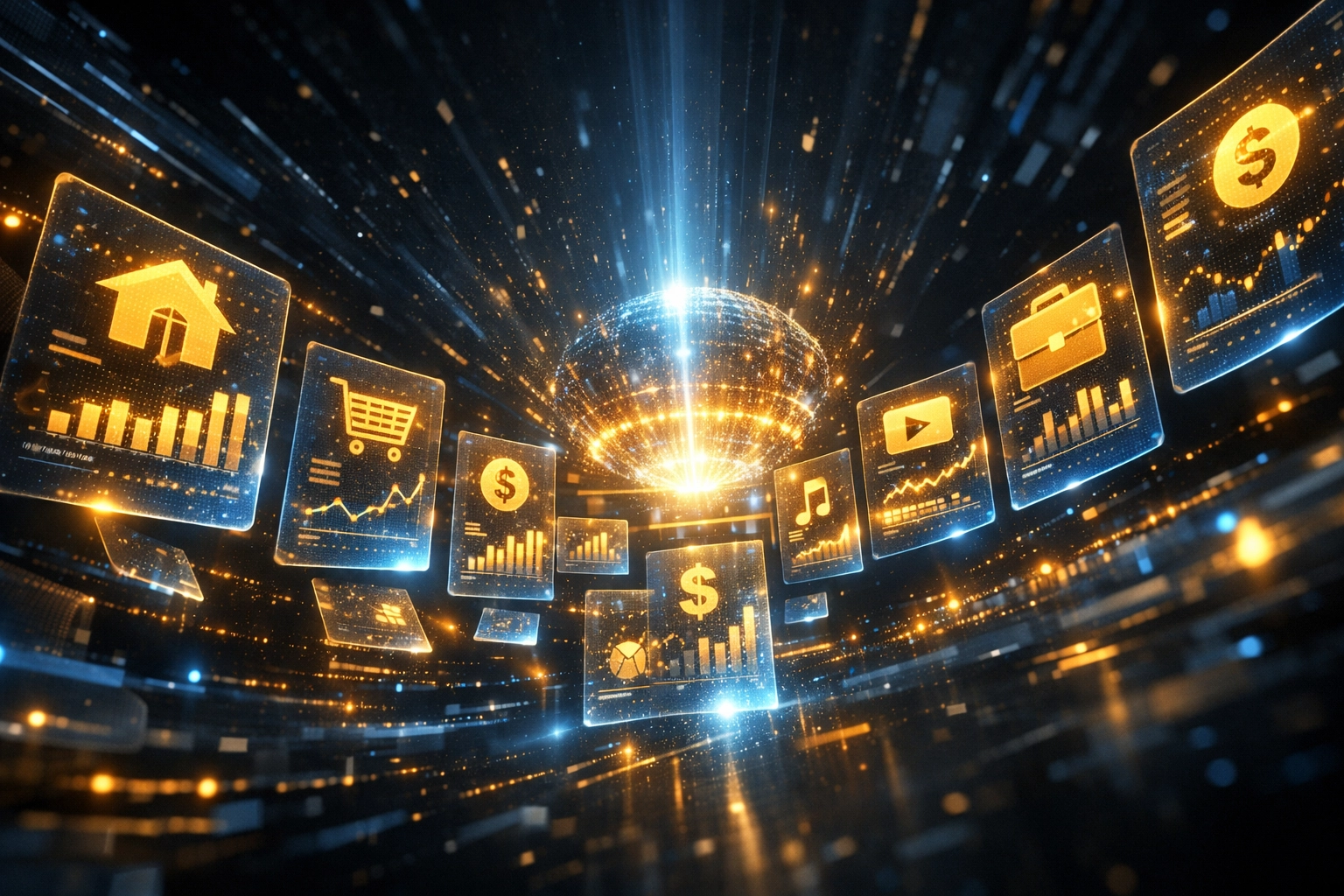 Abstract digital representation of organized financial income streams and tax documents.