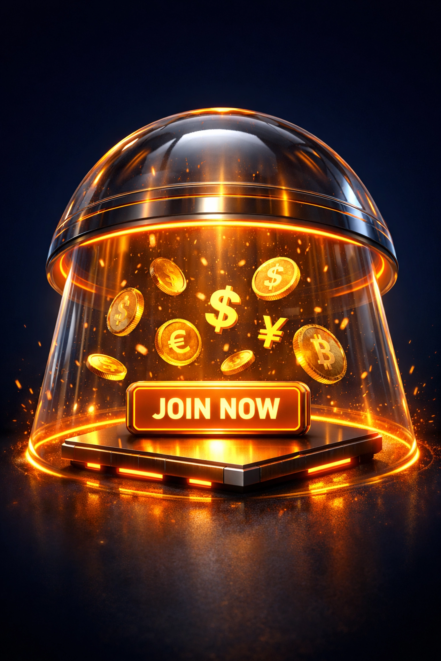 A digital 'Join Now' button and gold coins under a glass dome trap, representing predatory online investment scams.
