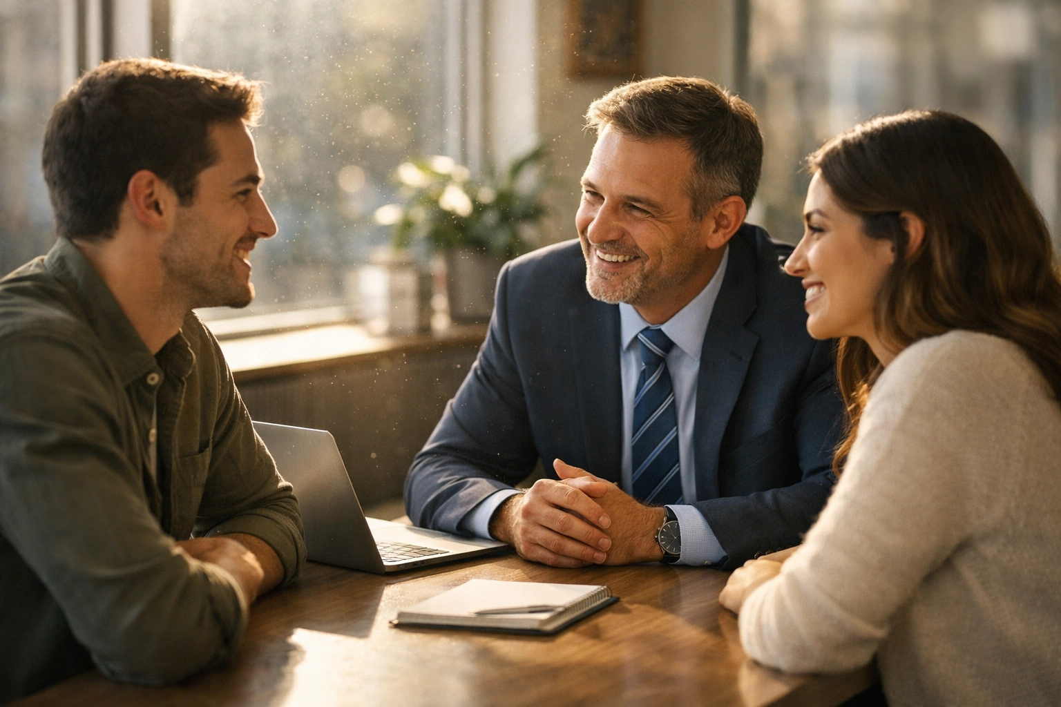 Financial consultant providing personalized hospitality to a couple in a sunlit modern bank office.
