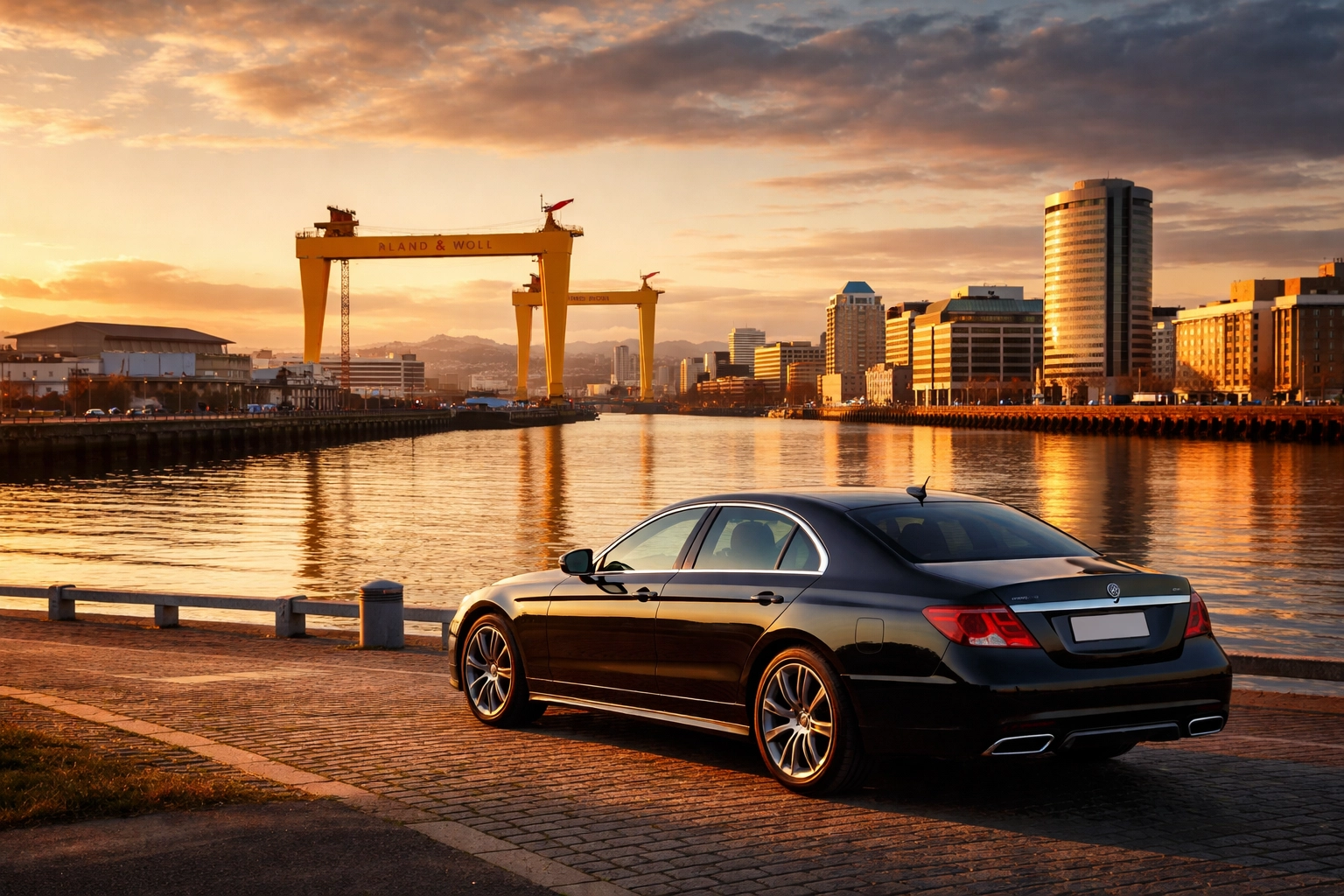 Executive vehicle parked by Belfast waterfront at sunset, showcasing stylish airport transfer arrival experience