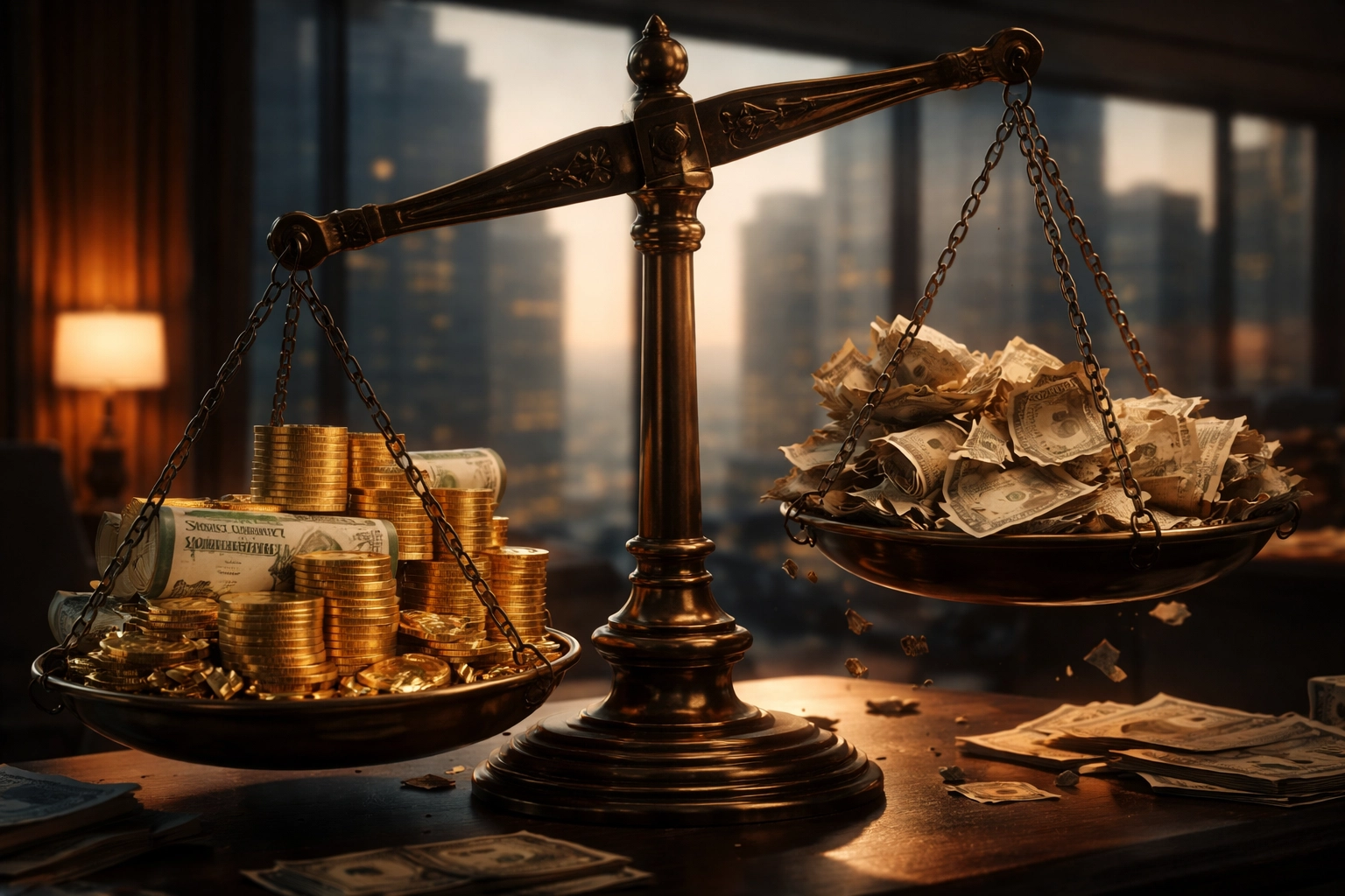 Balance scale in office showing imbalance between traditional bonds and modern equities, signifying portfolio diversification.