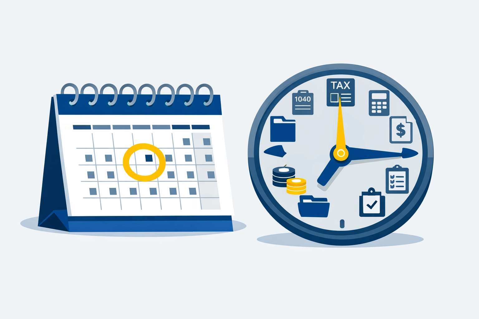 Tax deadline calendar and clock highlighting critical IRS filing dates and reminders.
