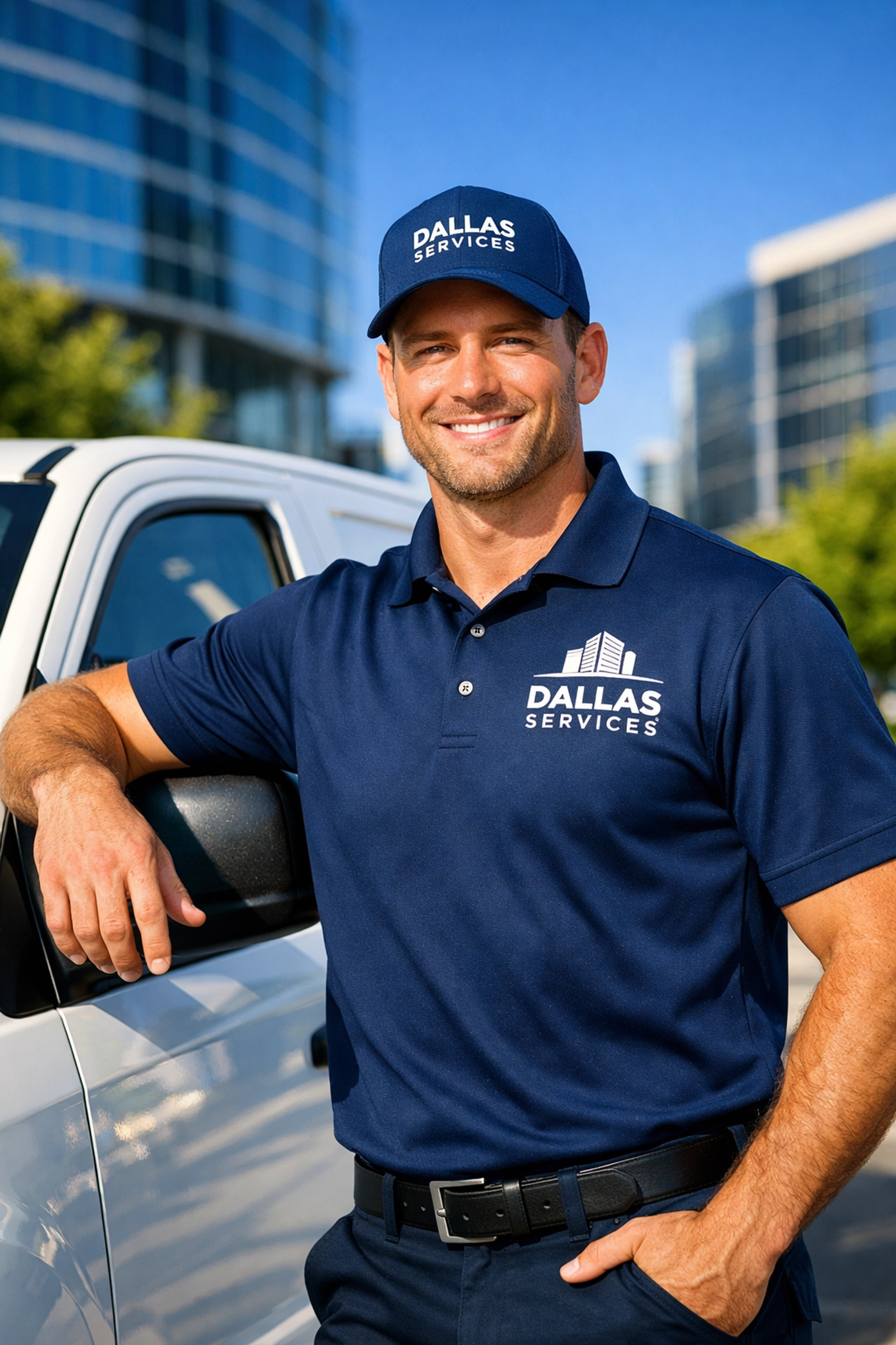 Professional in custom embroidered polo and hat near a branded service vehicle for a DFW business launch.