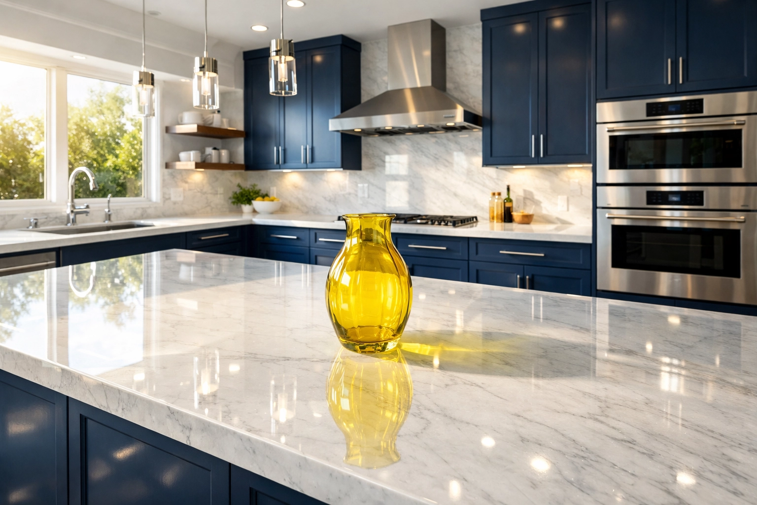 Pristine modern kitchen with marble counters highlighting professional maid services Lowell for a healthy home.