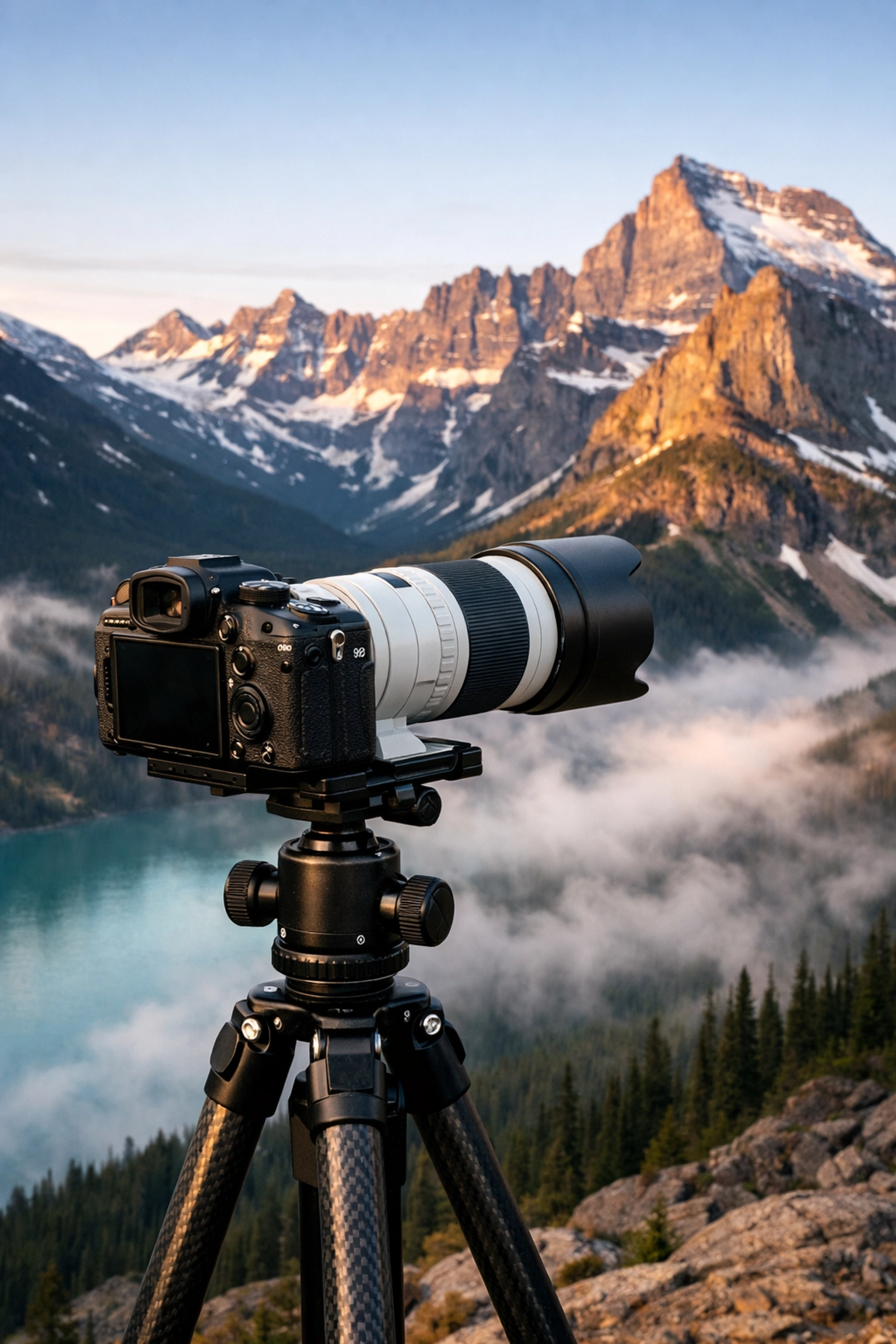 Professional camera gear setup overlooking the scenic mountains of Glacier National Park.