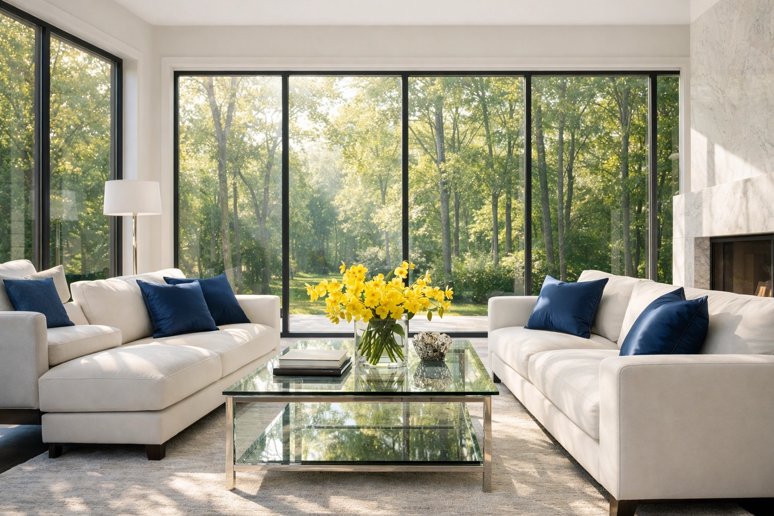 Sun-drenched Weston living room showcasing fresh air quality from eco-friendly house cleaning in Weston, MA.