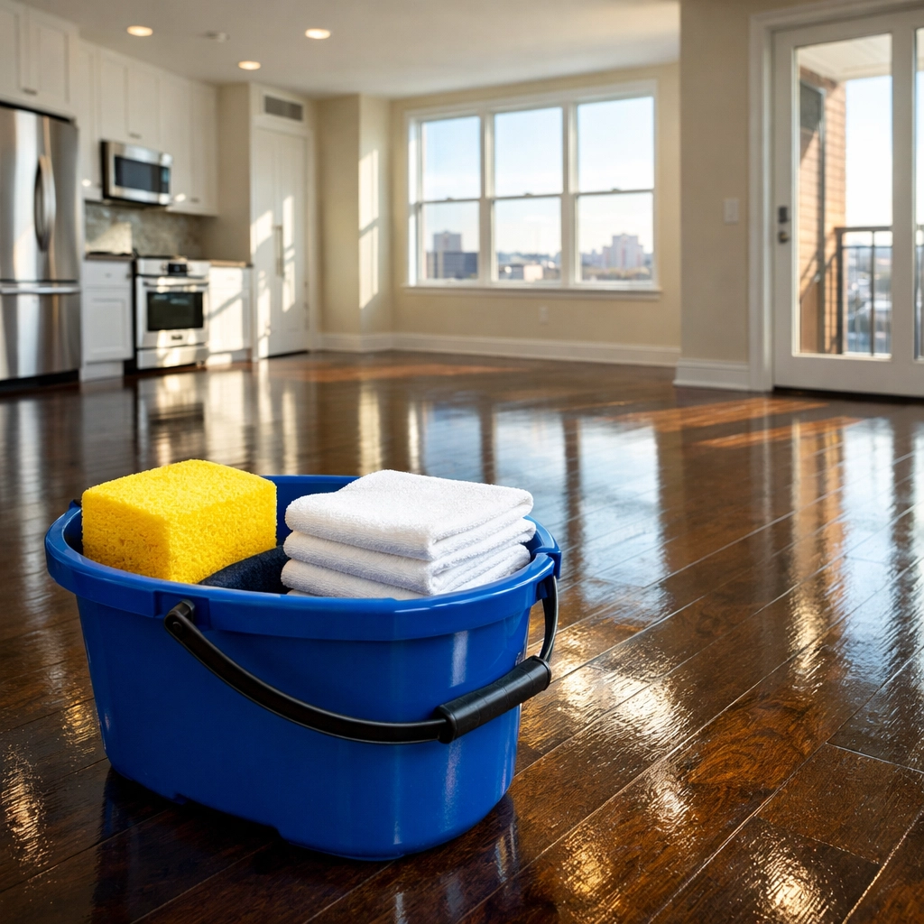 Empty luxury apartment in Cambridge MA with professional move-out cleaning tools on polished floors.