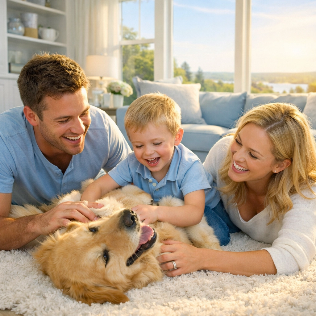 A happy family and dog enjoying a spotless home thanks to professional residential cleaning in North Andover.