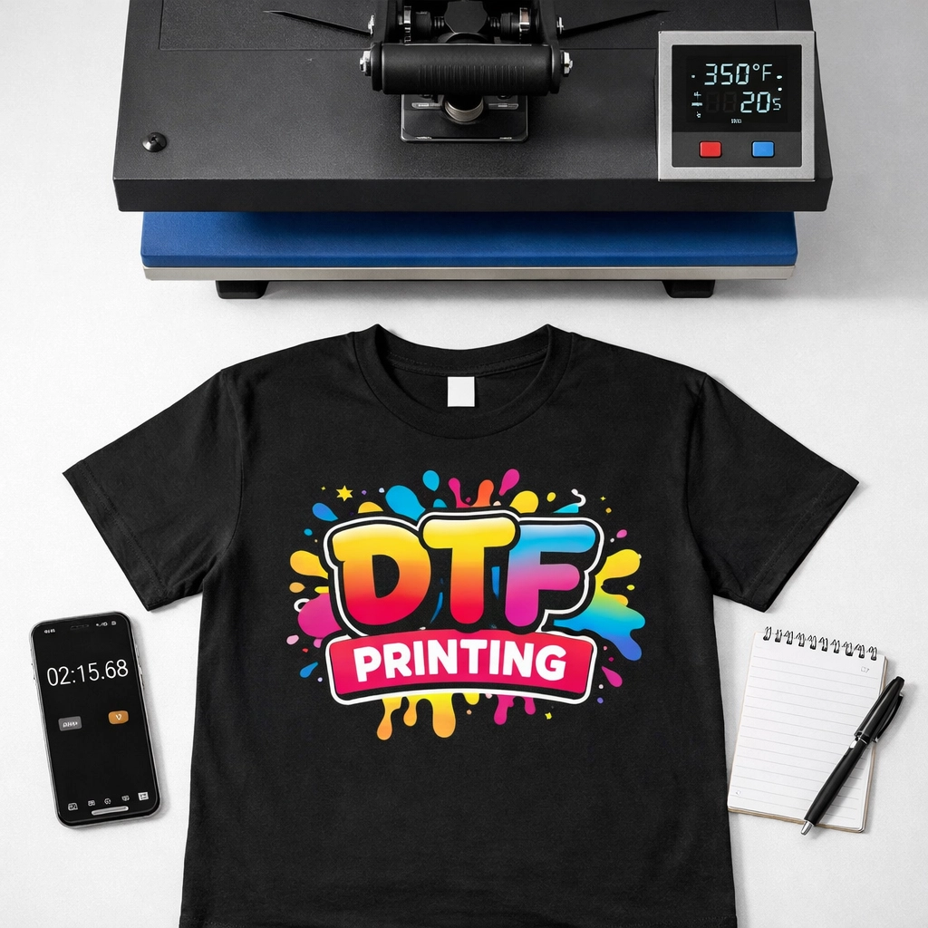 Professional DTF pressing workstation with heat press, cooling station, and timer setup