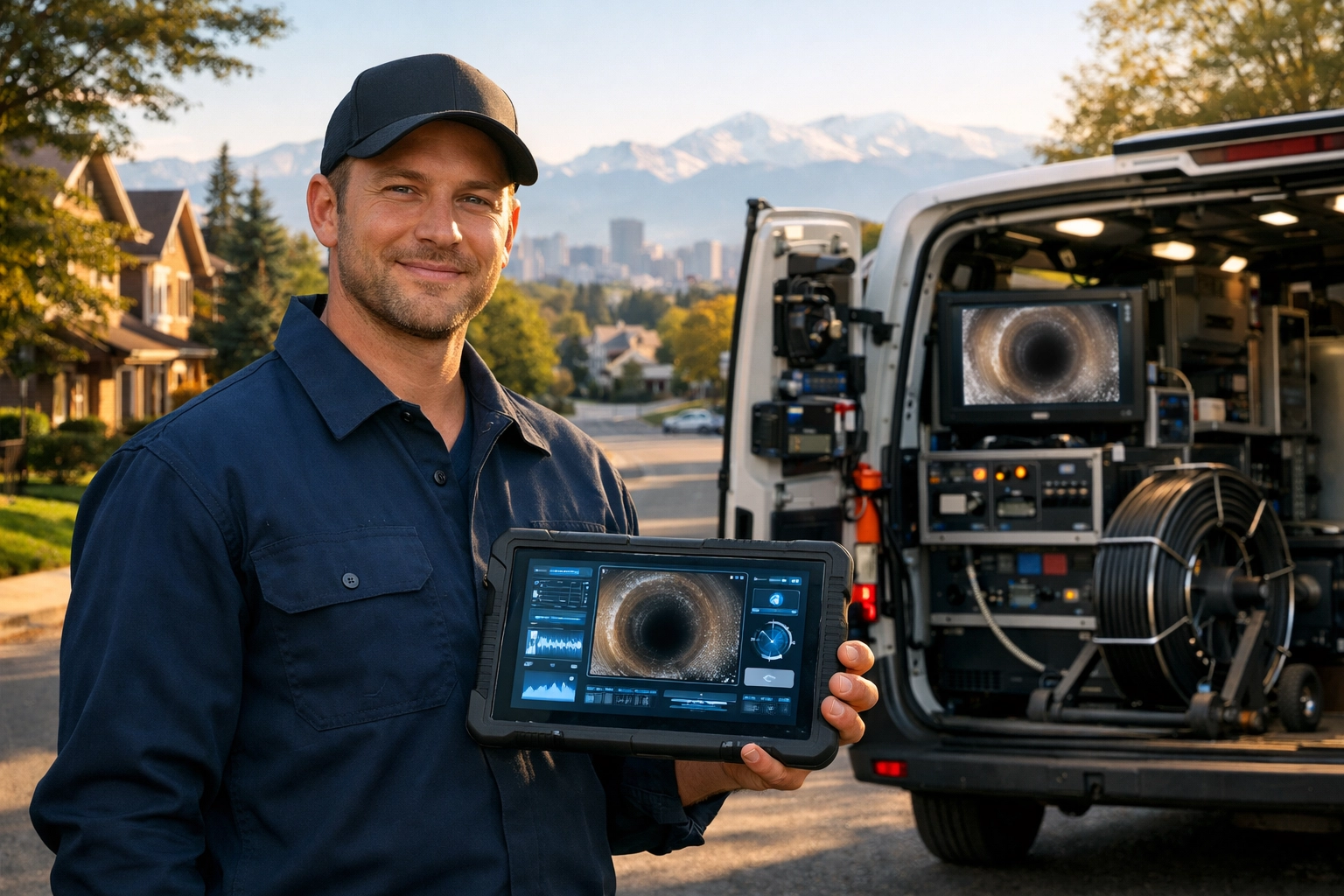 Professional Denver Sewer Pros technician using high-tech camera equipment to evaluate a residential sewer line.