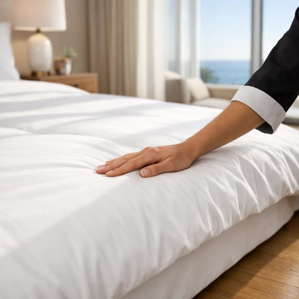Professional cleaning of high-end linens in a luxury vacation rental bedroom with coastal views.