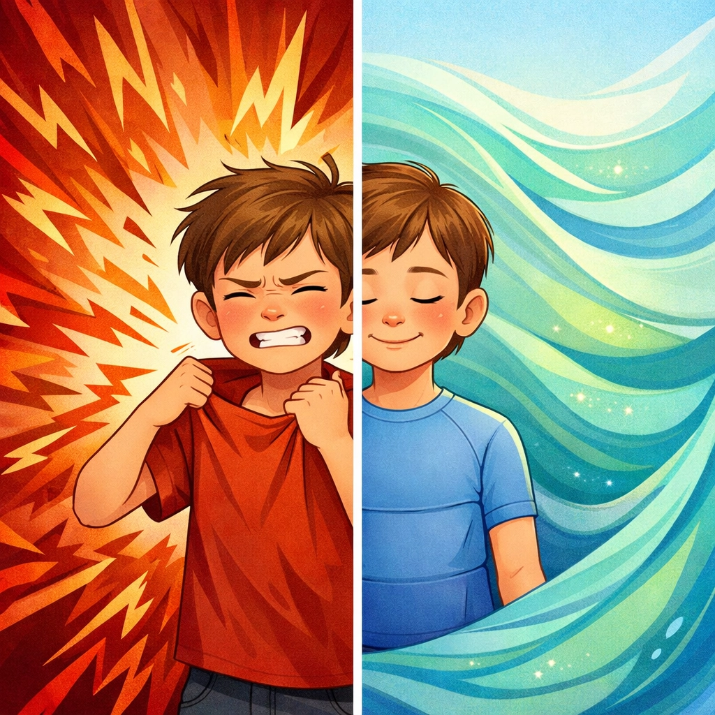 Visual comparison of sensory overload versus calm with compression clothing for kids