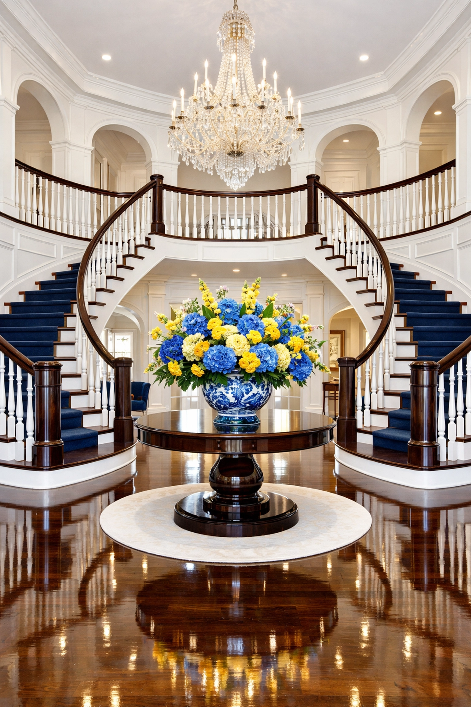 Polished hardwood floors in a grand Dover foyer reflecting elite standards of residential cleaning Massachusetts.