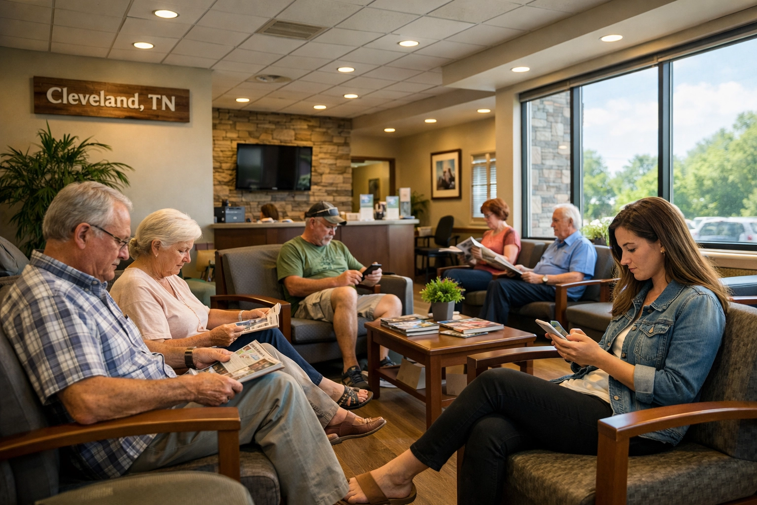 Customers waiting in medical office lobby for local advertising placement