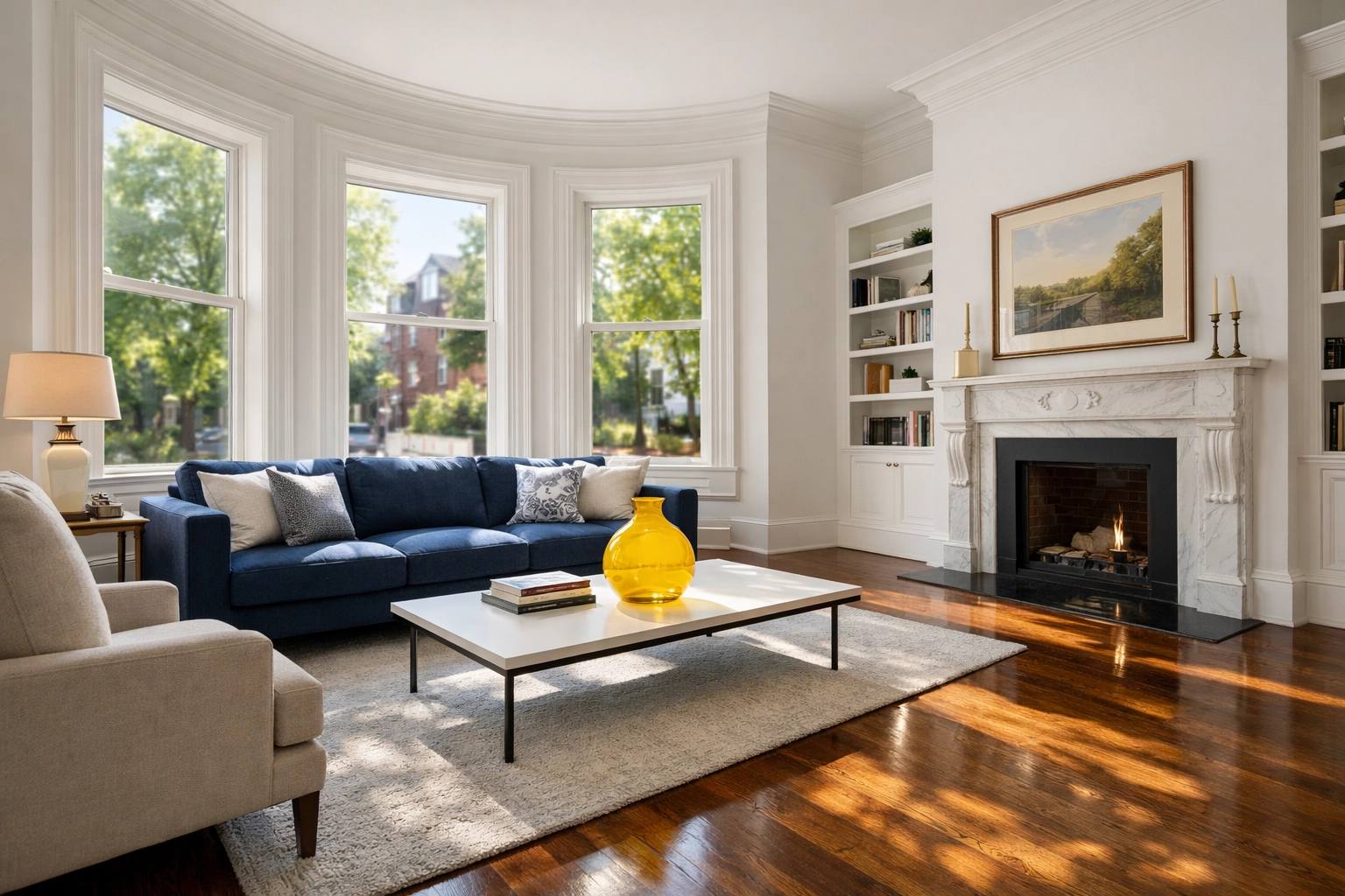 Spotless living room in a historic Cambridge home near Harvard Square cleaned by a professional maid service Cambridge.
