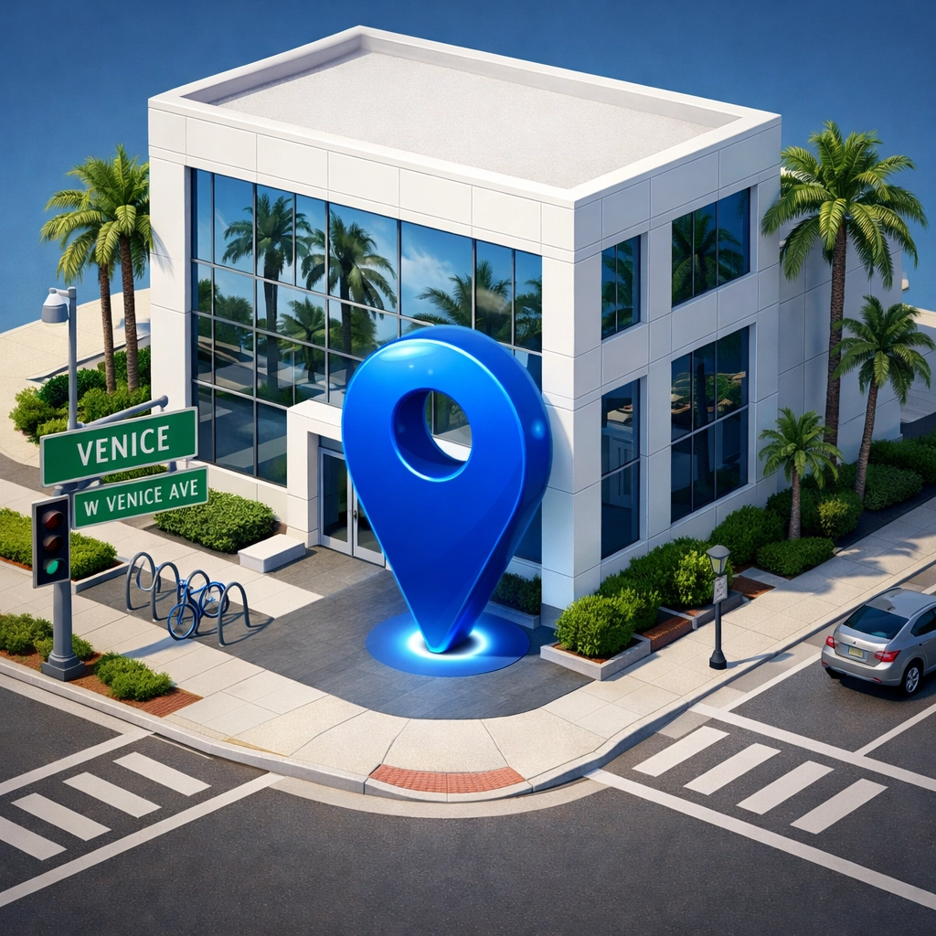 7 Mistakes You’re Making with Google Maps Rankings in Venice FL (and How to Fix Them) A blue map pin marking a verified physical business location in Venice FL to boost Google Maps rankings.