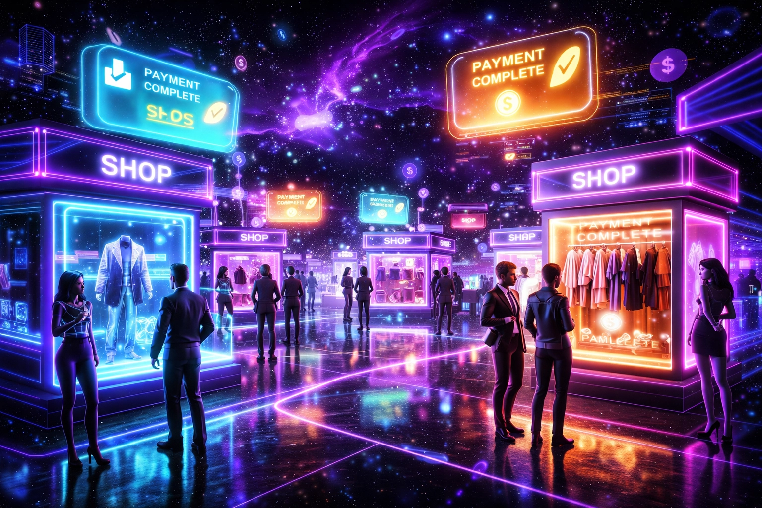 Avatars browsing neon-lit virtual storefronts in a metaverse shopping district with holographic merchandise displays
