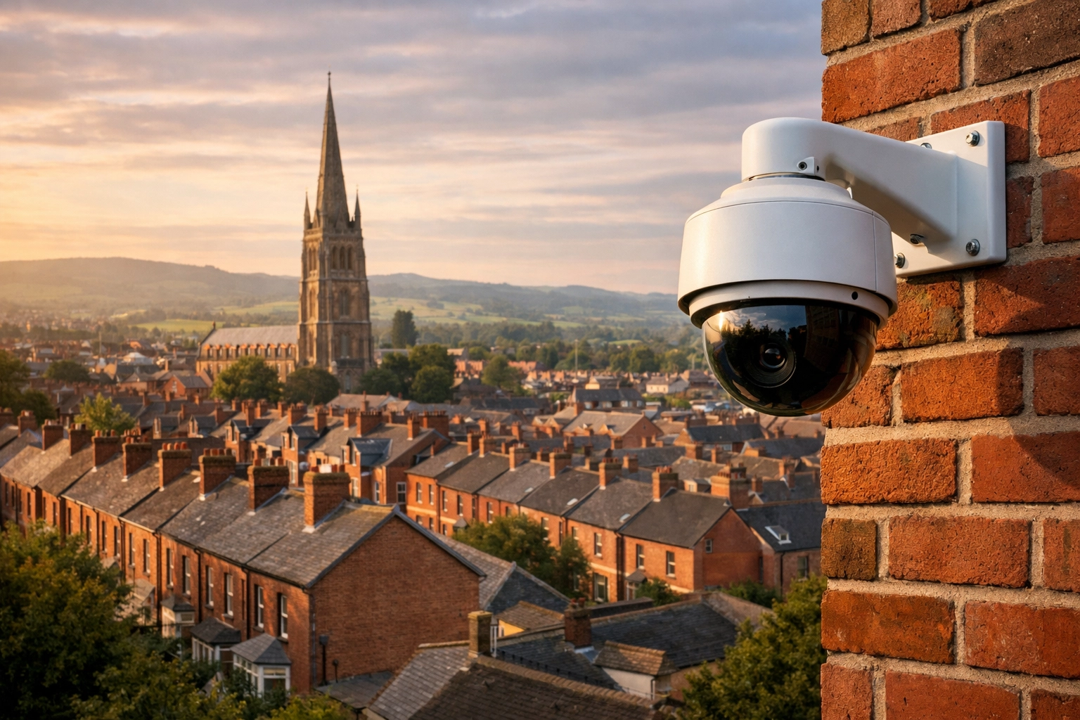 Security camera overlooking a traditional Taunton townscape in Somerset, representing local security coverage.