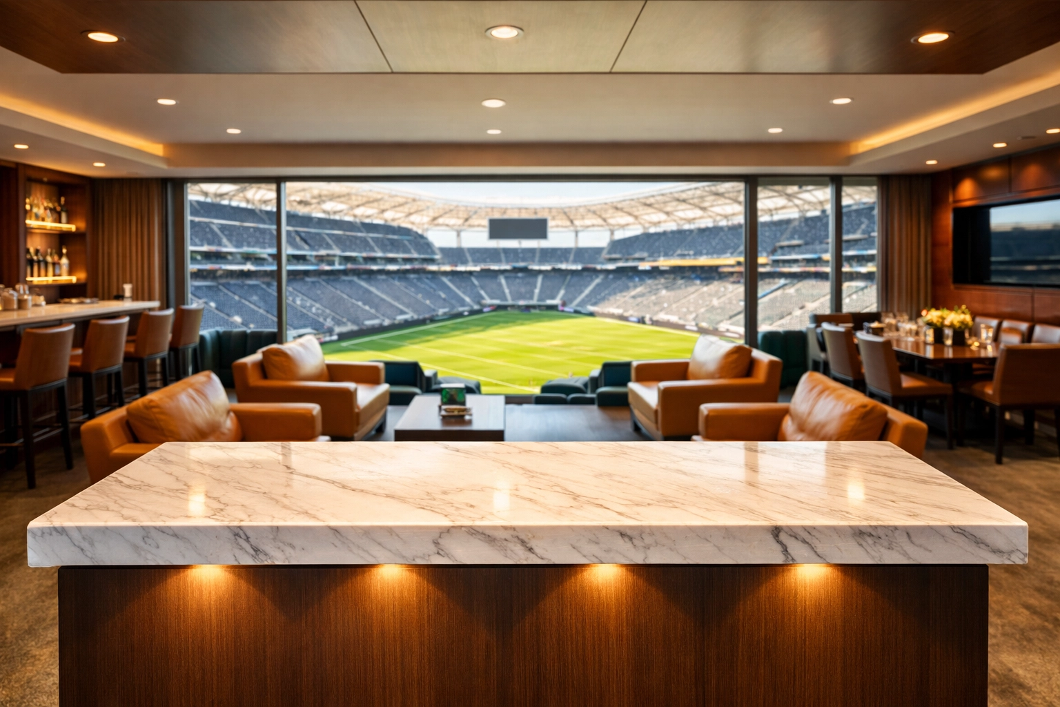 Luxury corporate hospitality suite with stadium view for high-end Super Bowl brand visibility.