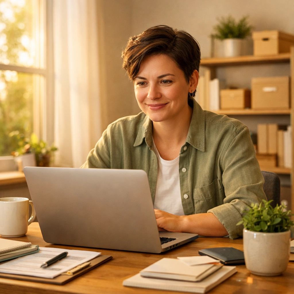 Confident small business owner managing QuickBooks with organized financial records