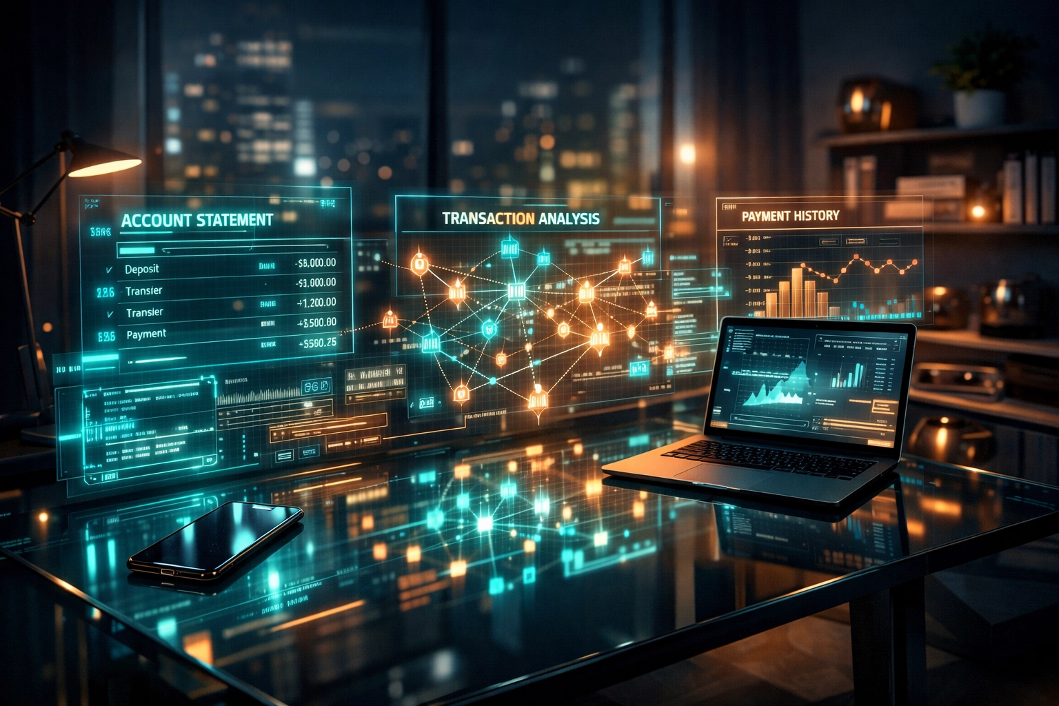 A futuristic home office desk with digital interfaces showing bank statements for a subscription audit.