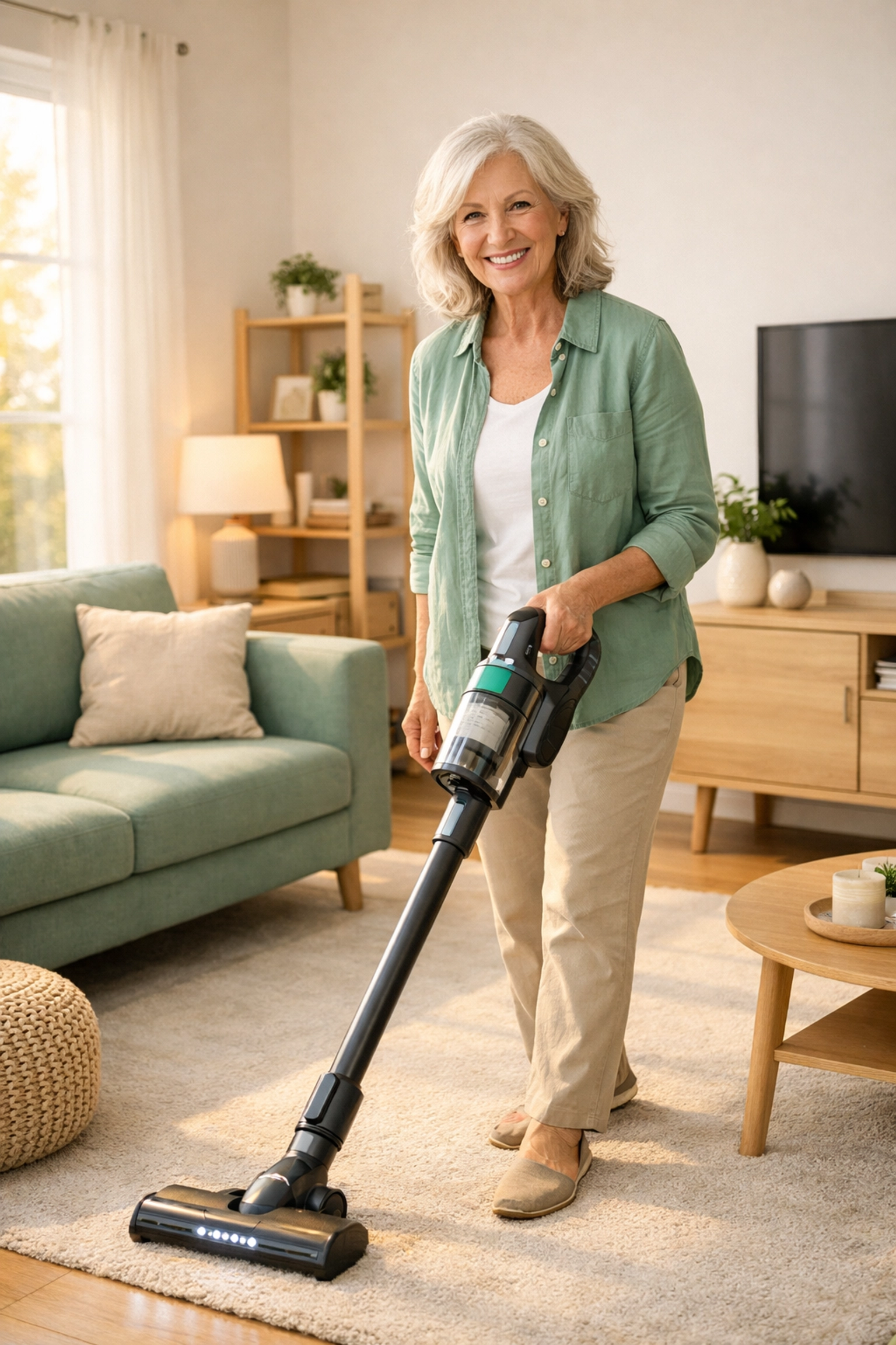 Senior woman cleaning a manageable living room in a Bucks County retirement community.