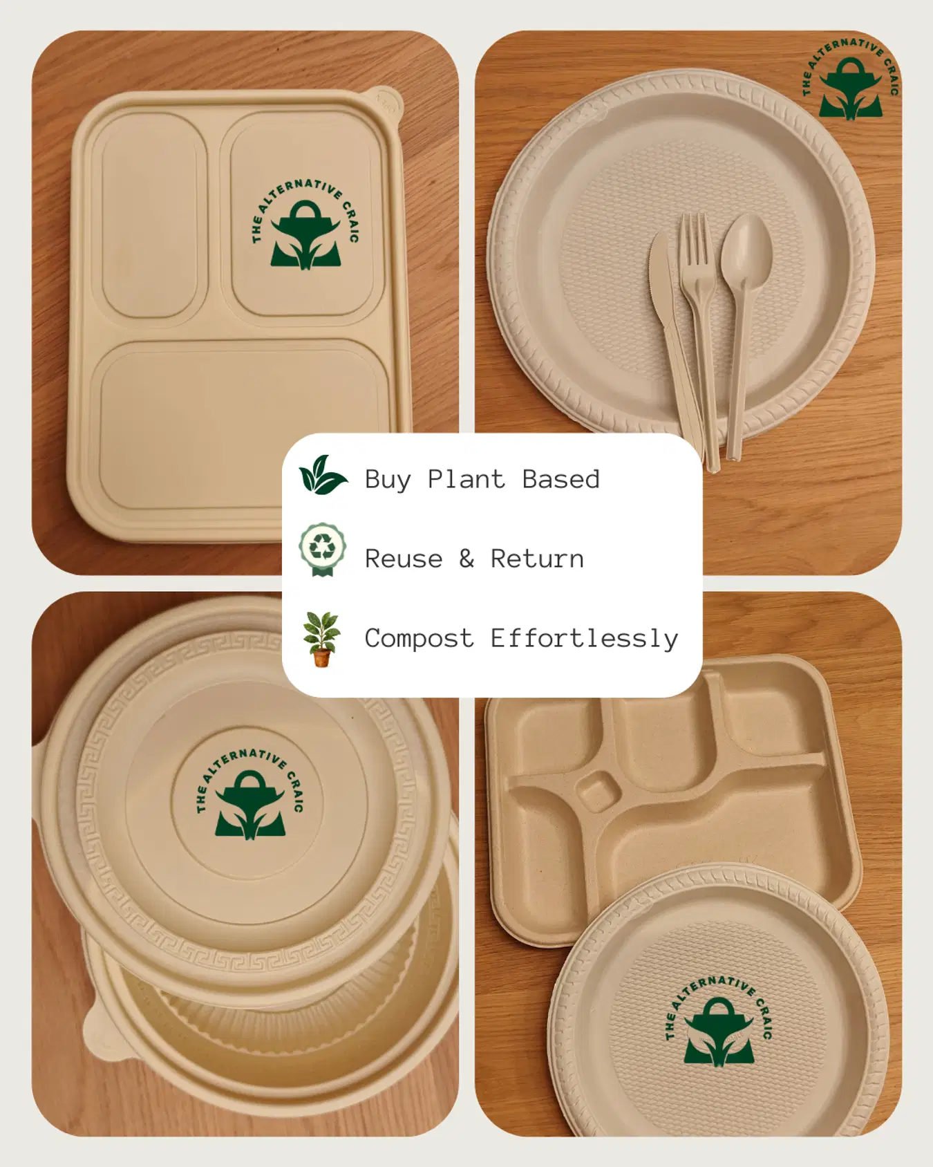 Assorted compostable plant-based tableware solutions including meal trays and bowls