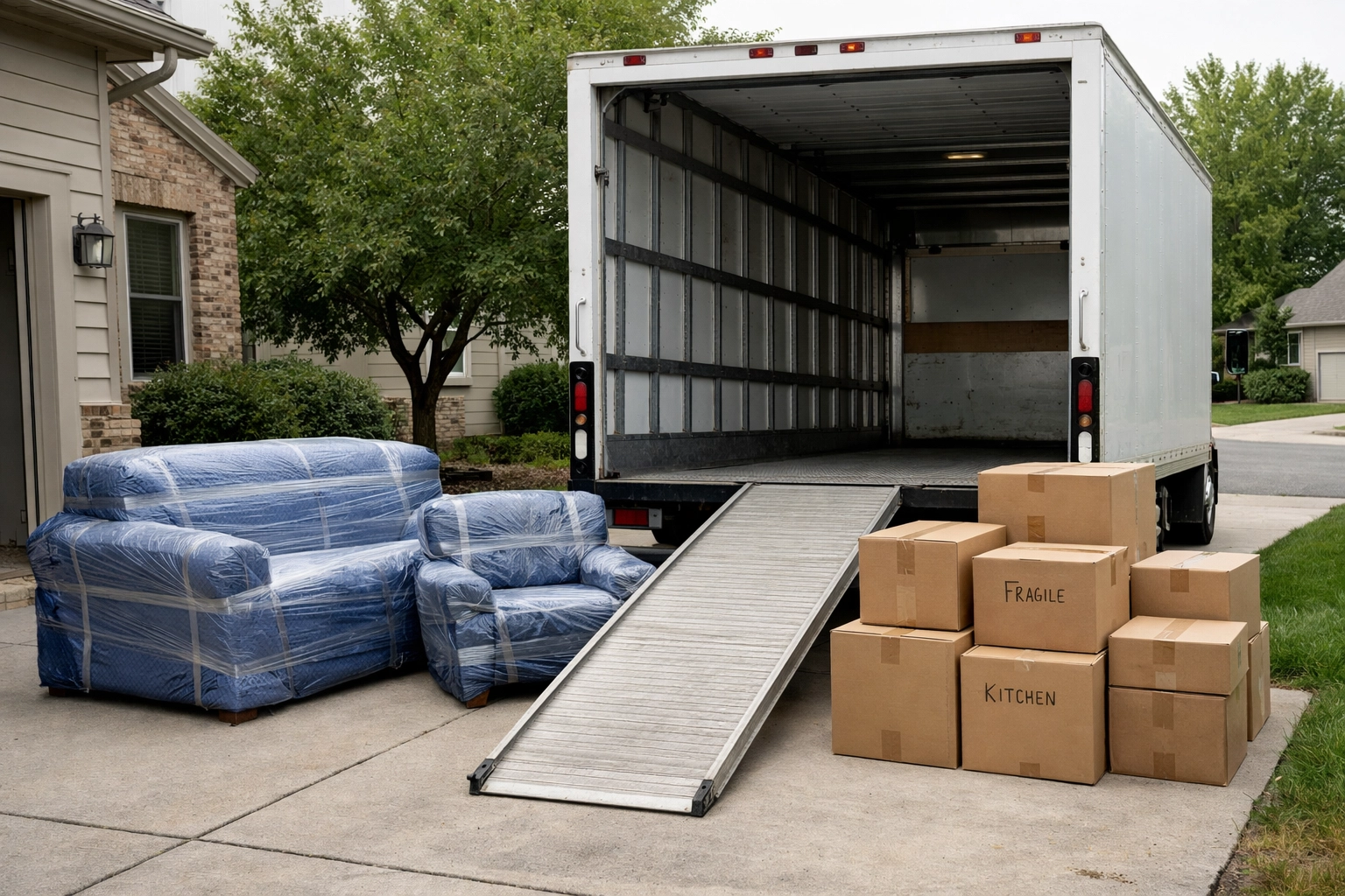 Donation coordination staging for downsizing services Columbus Ohio—boxed goods and wrapped furniture ready for pickup (Worthington).