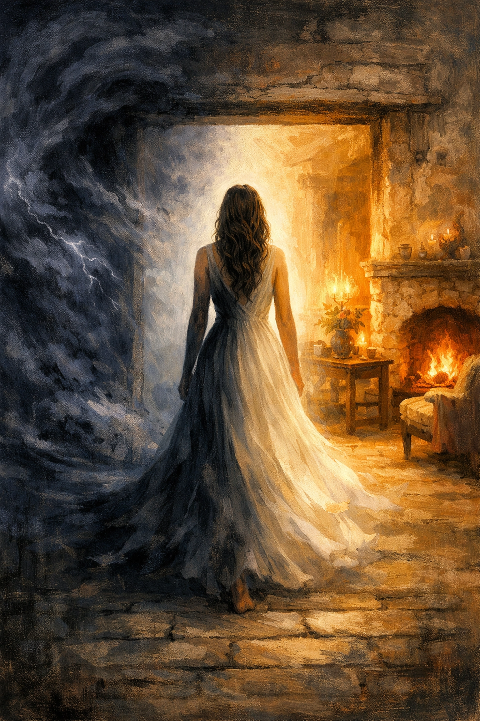 A woman on a threshold, leaving a storm for the warmth of a peaceful internal home.