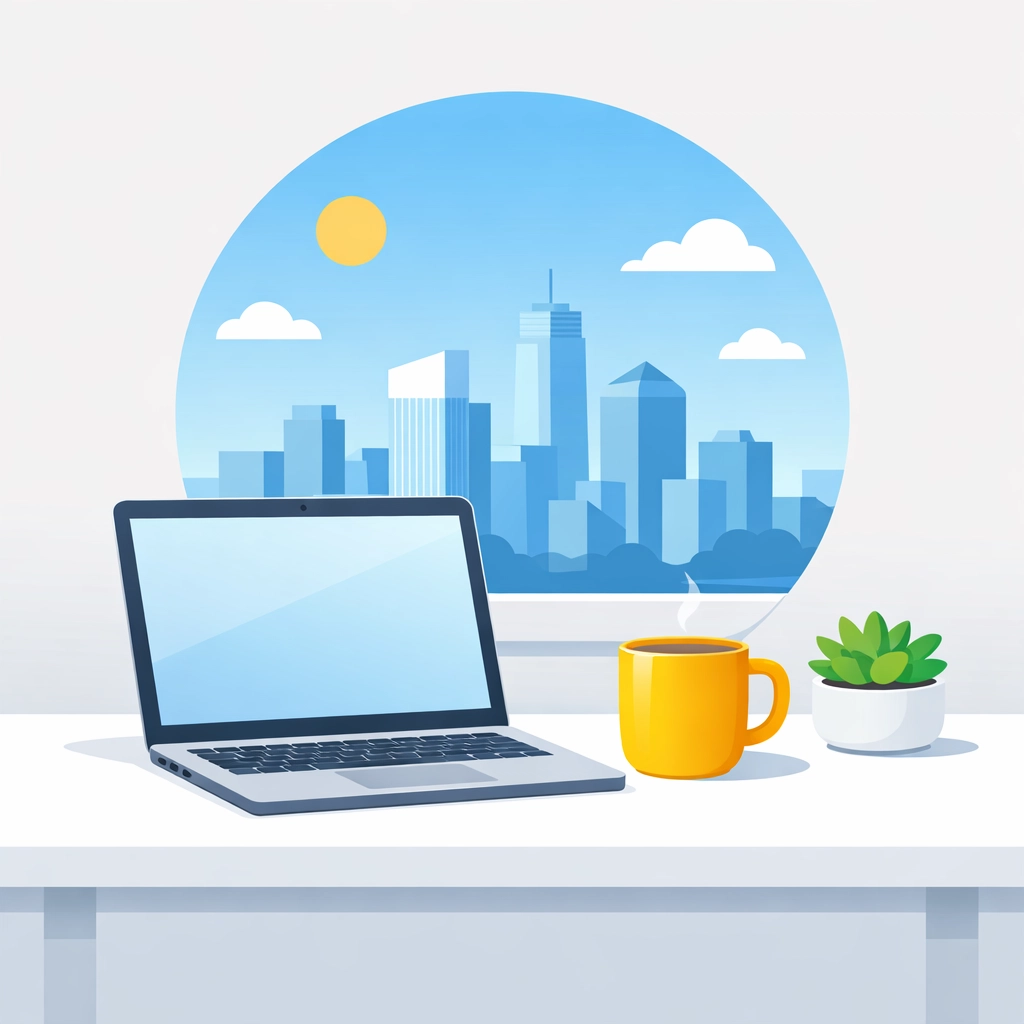 Modern virtual tax preparer workspace with a laptop and skyline view for remote financial services.