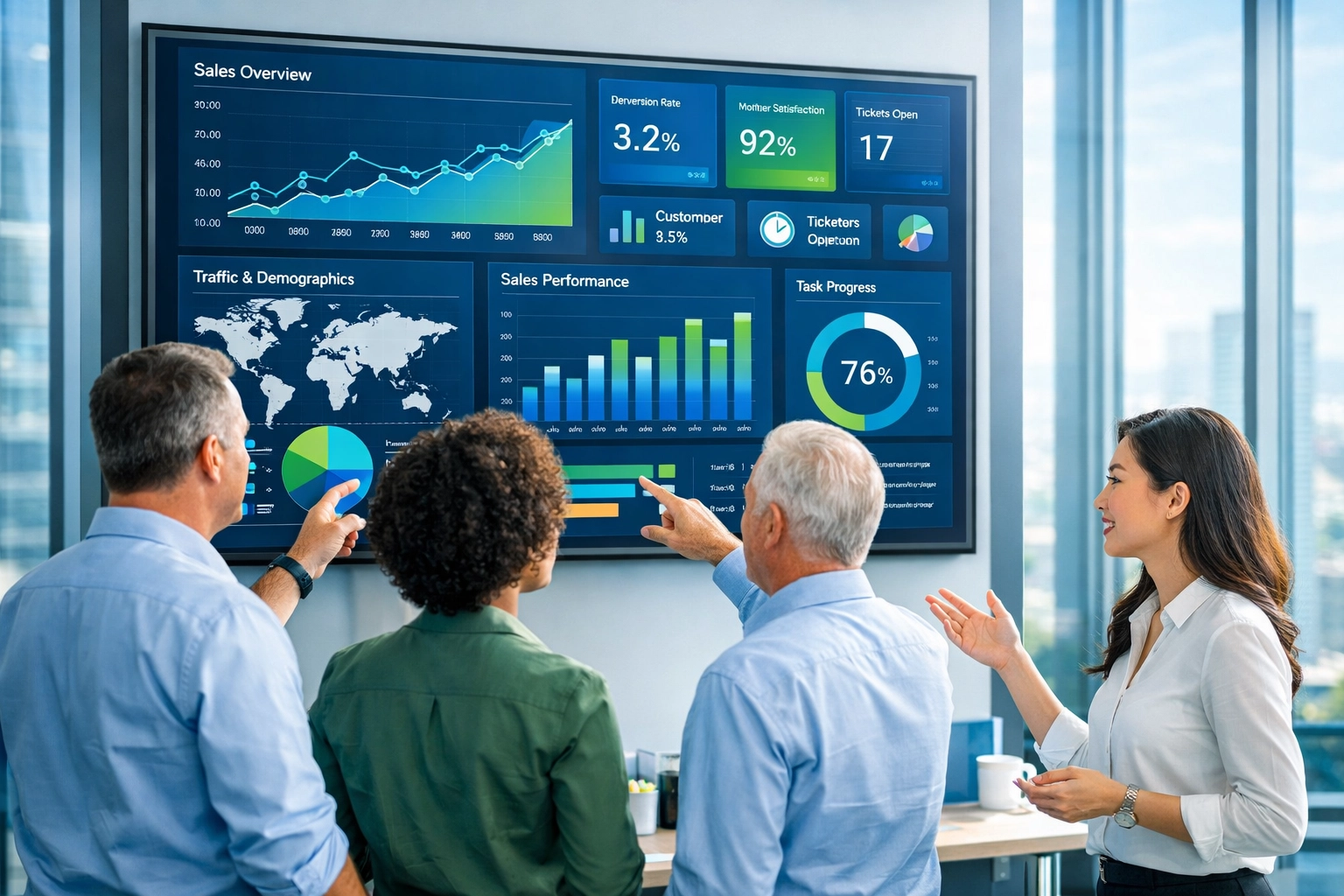 Business professionals analyzing talent analytics dashboard with performance metrics