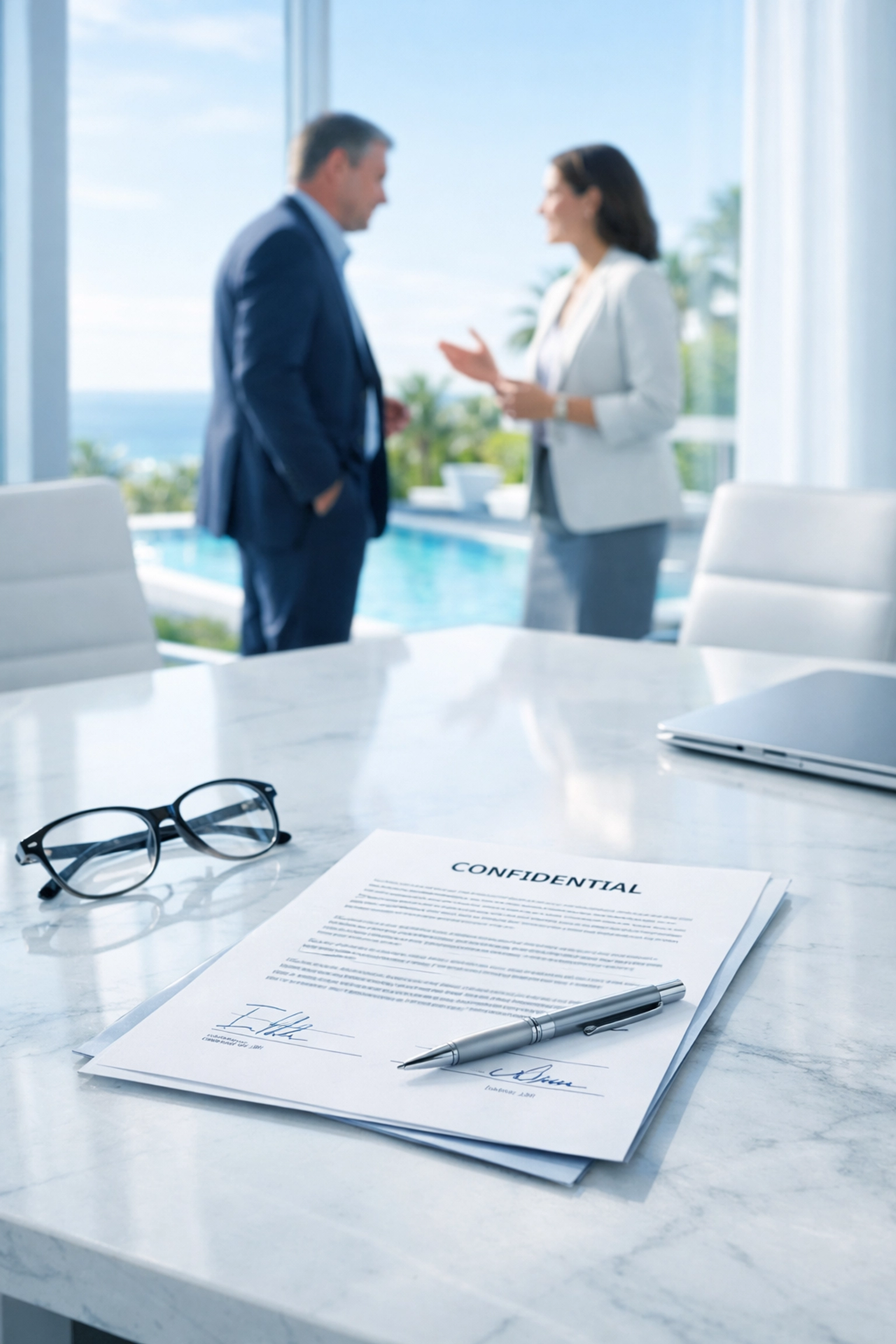 Strategic business meeting about confidential pool routes for sale and transition planning.