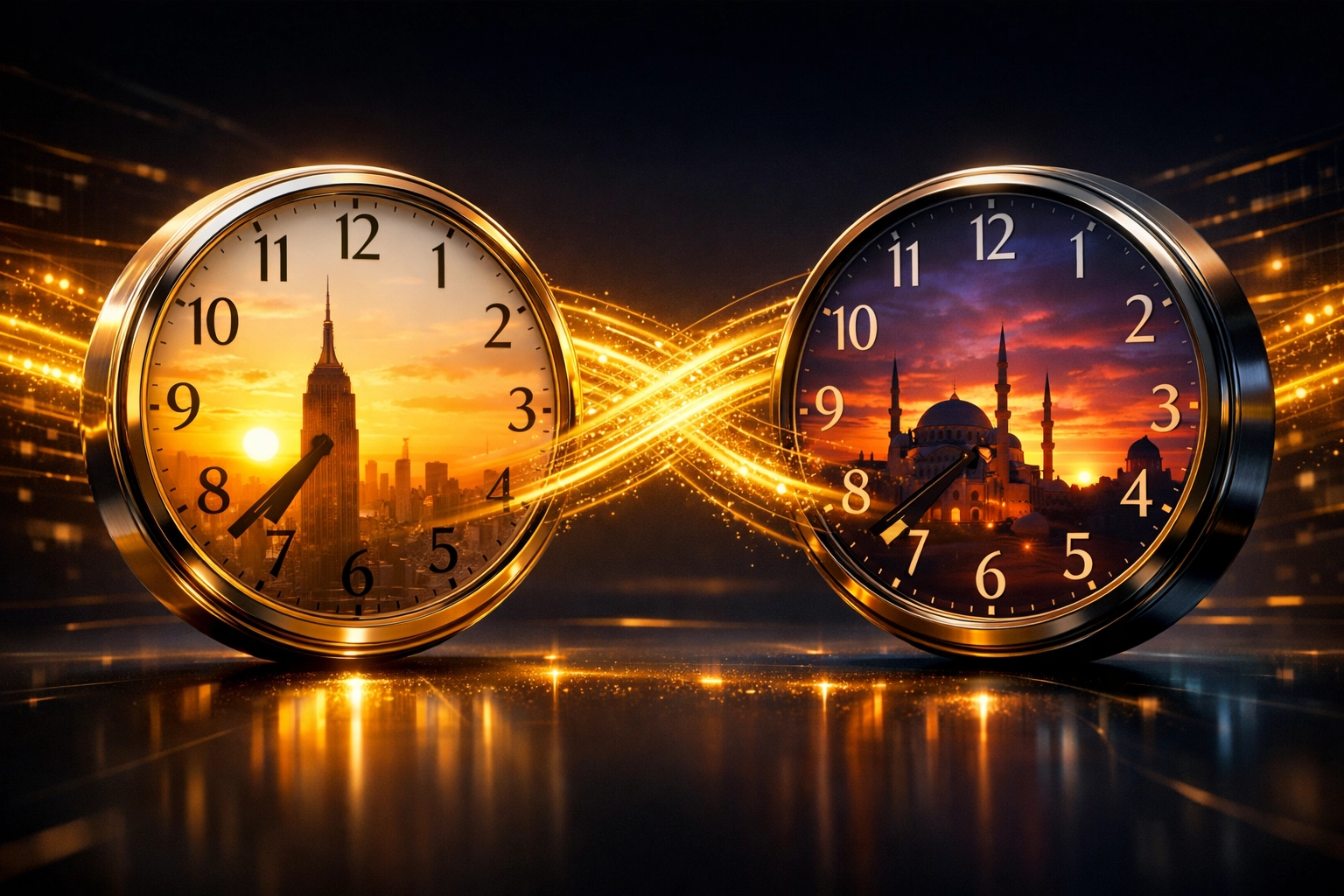 Clocks showing New York morning and Istanbul sunset to find the perfect global meeting overlap.