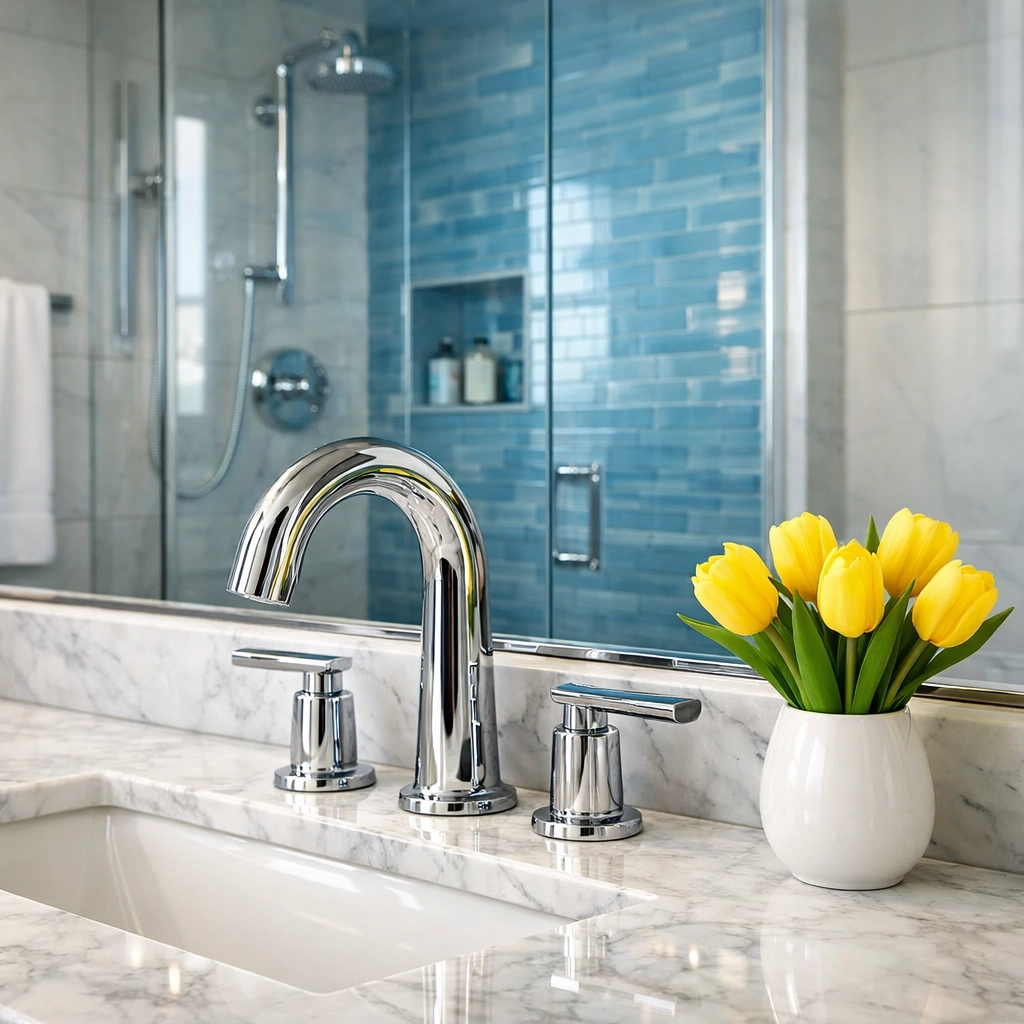 Sanitized luxury bathroom in Medfield with sparkling marble counters and chrome fixtures after deep cleaning.