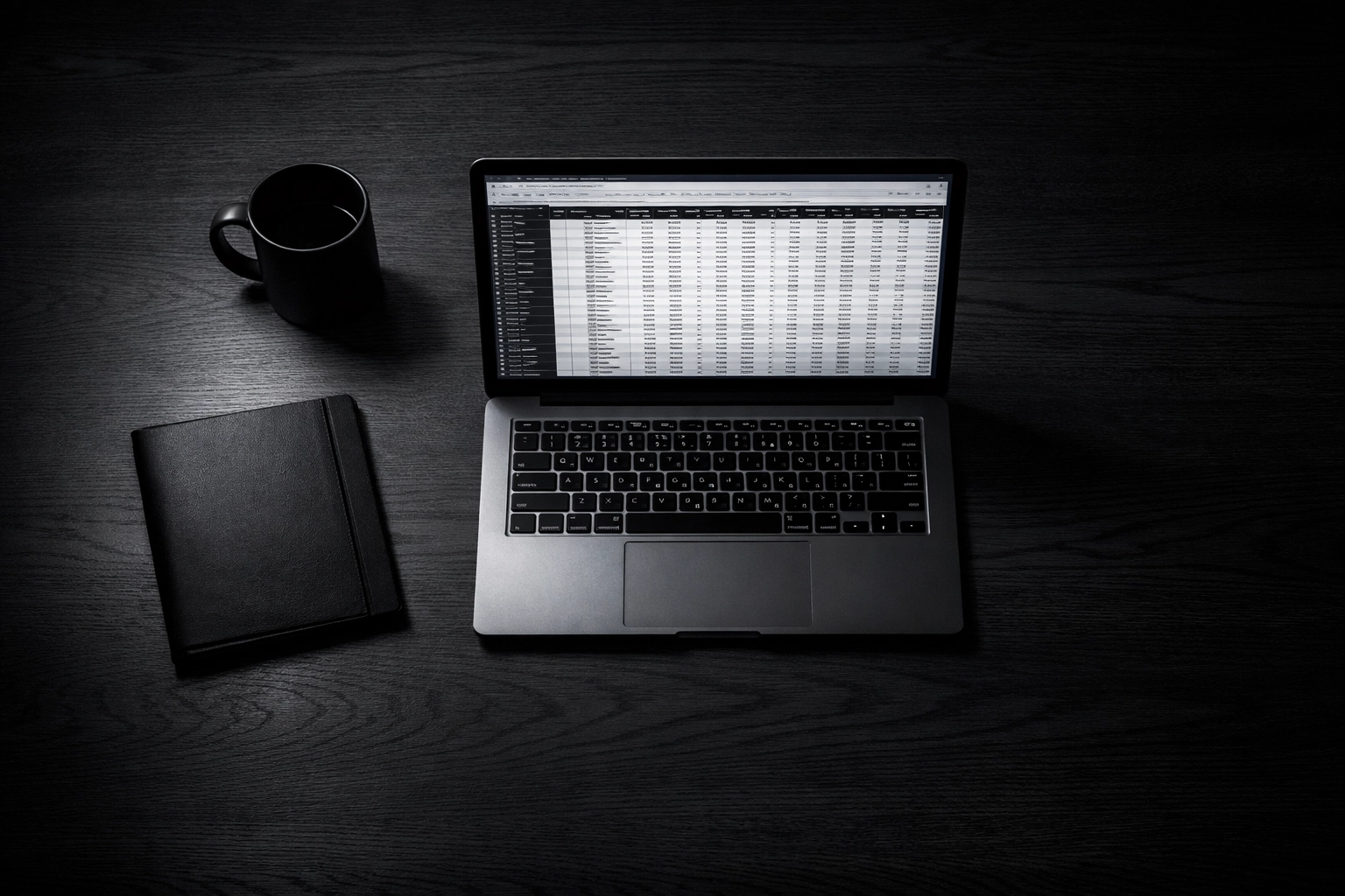 Laptop with a spreadsheet on a dark desk, illustrating the late-night manual prospecting grind for founders.