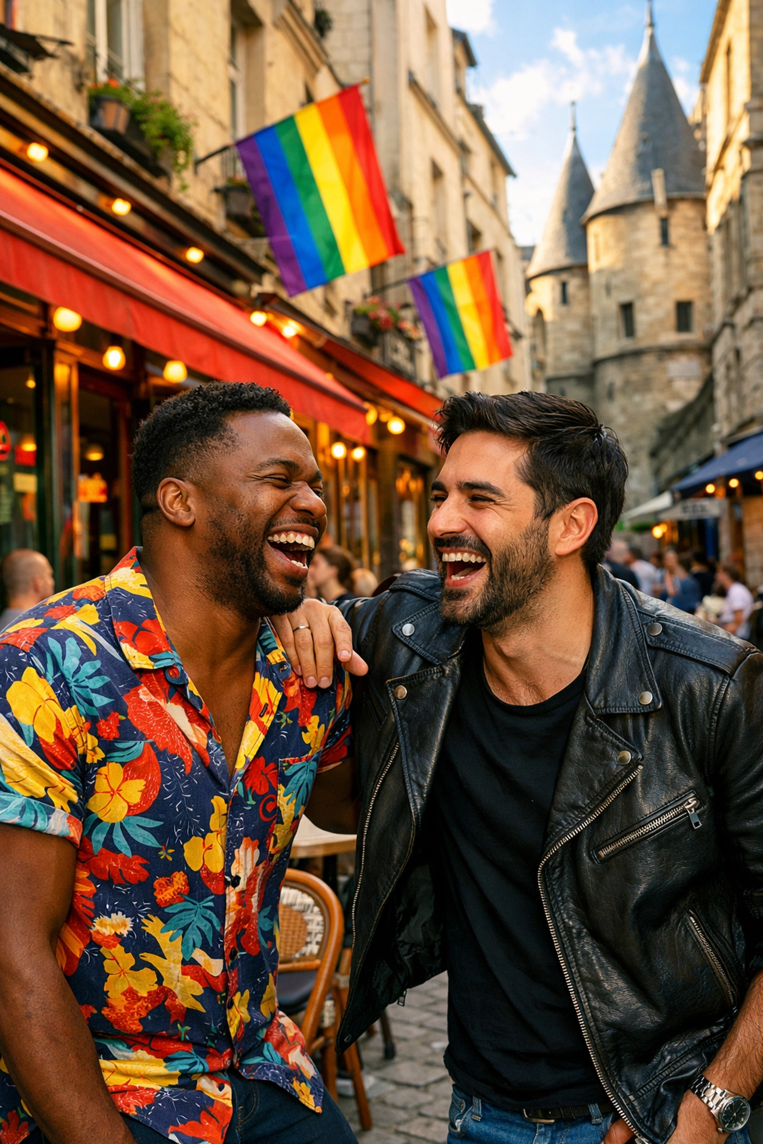 Gay couple laughing at Le Marais café with rainbow flags and Parisian architecture