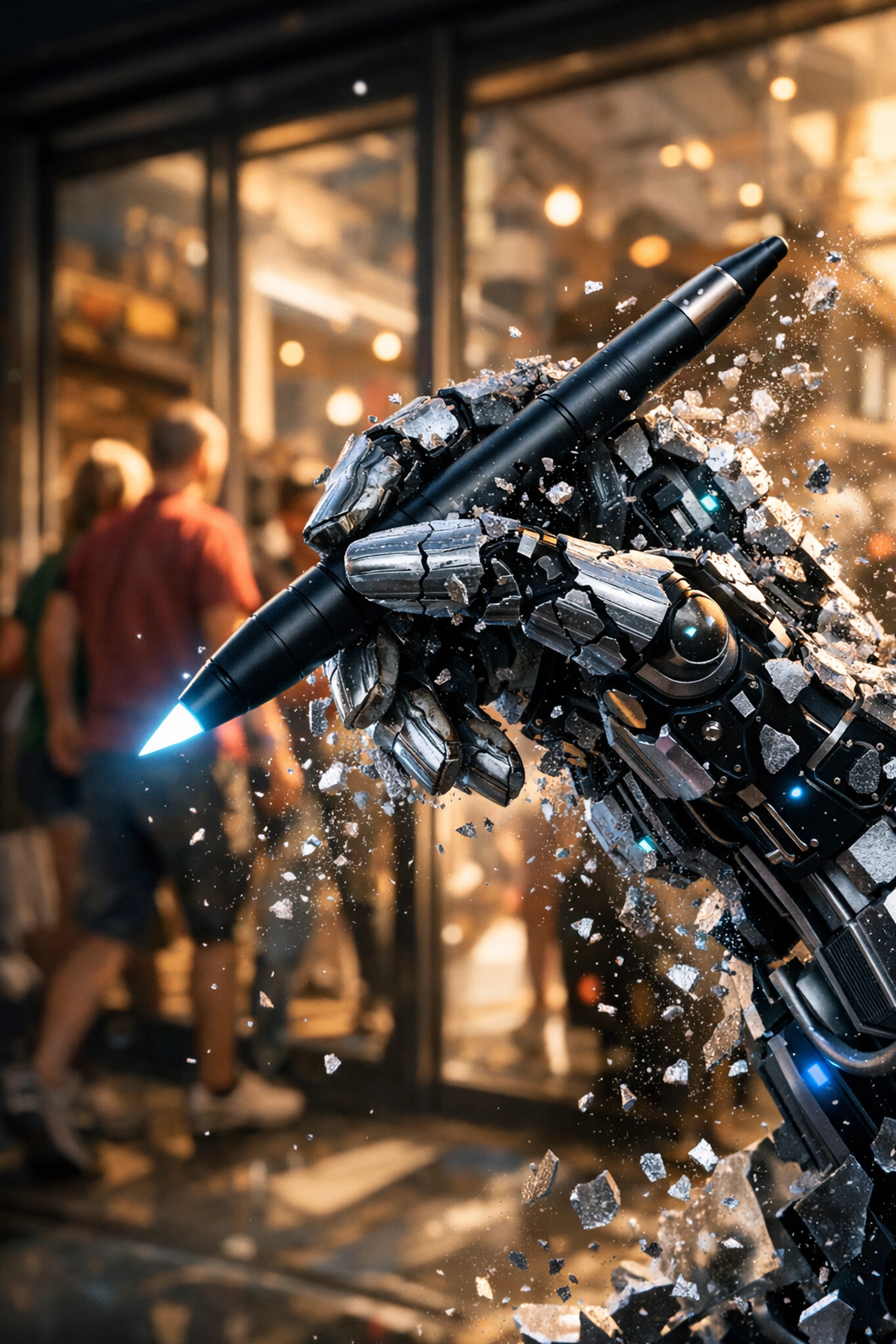 A robotic arm shattering while real customers enter a local business, representing the end of fake reviews.