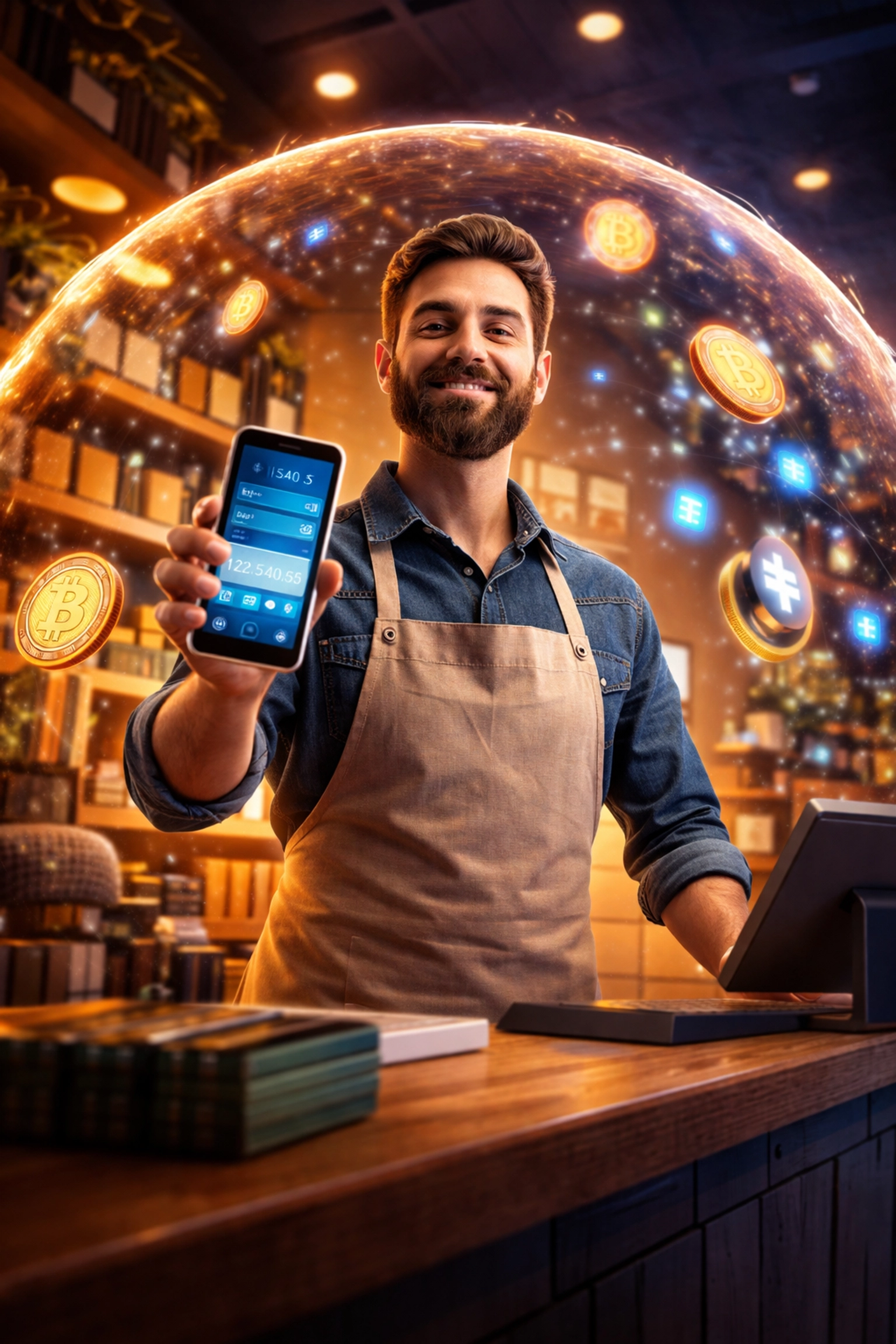 Small business owner displays crypto wallet at shop counter, highlighting self-custody and secure POS payments with Larecoin.