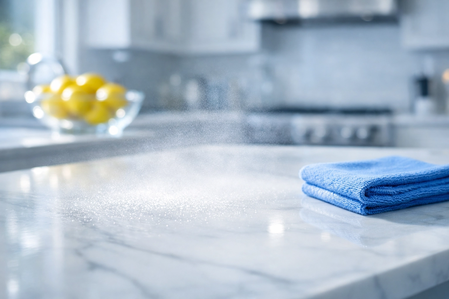 Professional Tewksbury deep clean of a marble kitchen countertop with a blue microfiber cloth.
