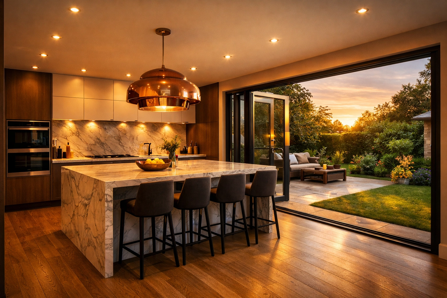 Modern high-end kitchen extension with marble island and bifold doors in a West Sussex home.