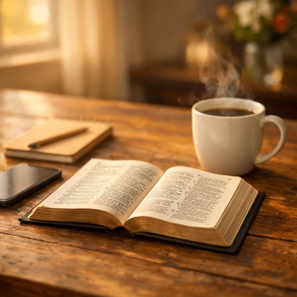 Peaceful morning breakfast table with open Bible, coffee, and phone face-down for stress-free news routine