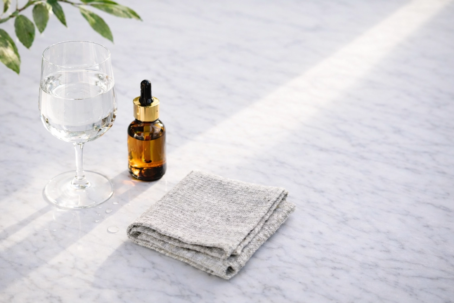 A serene pre-meal ritual with body balancing drops on marble to support nervous system regulation.