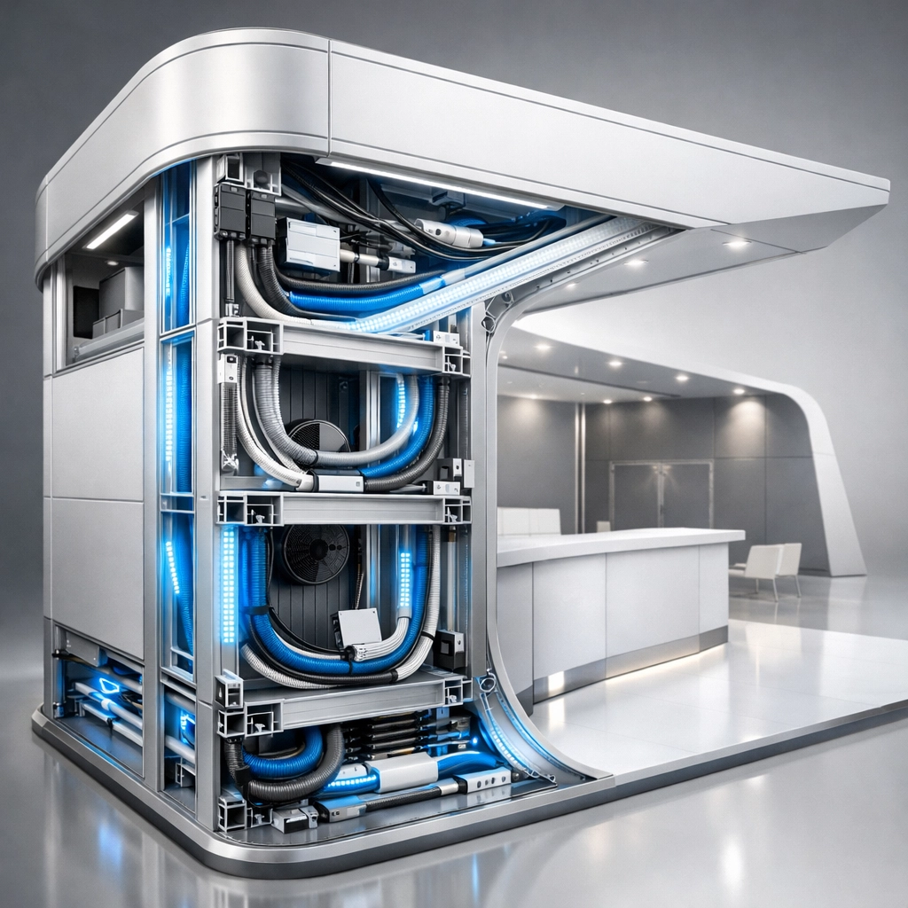 Cable management system inside modular exhibition stand framework showing organized routing