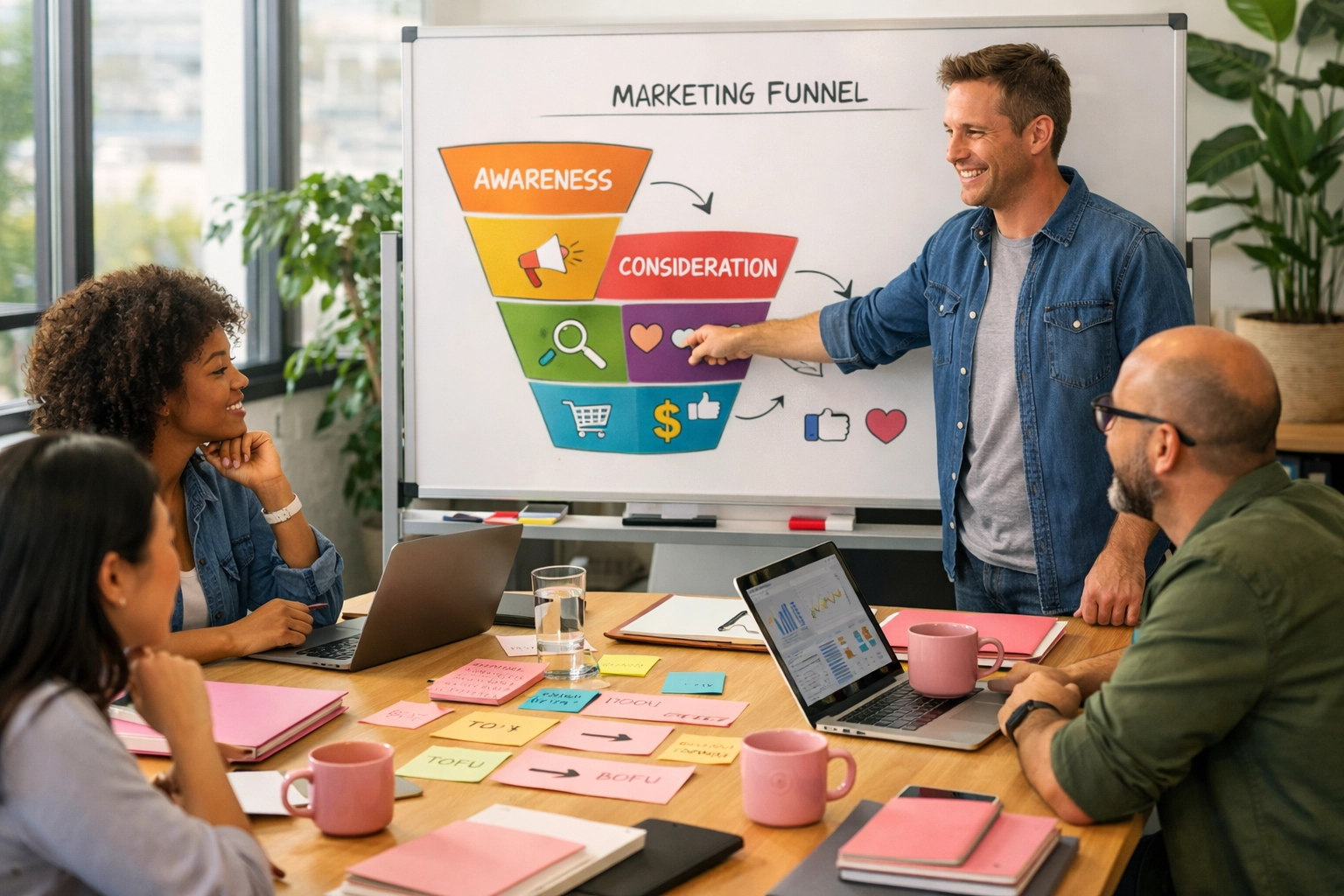 Team mapping lead generation funnel strategy with customer journey stages on whiteboard