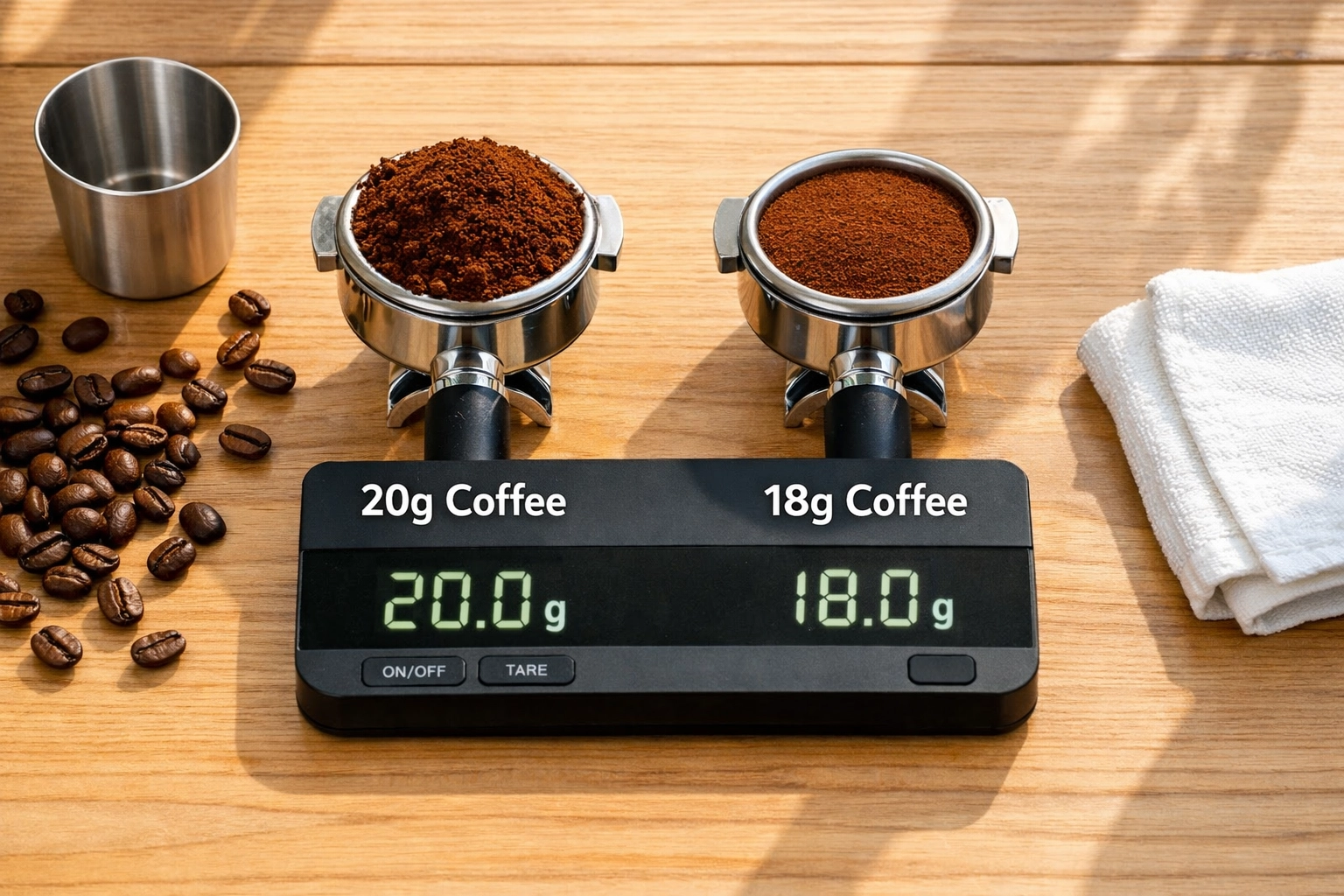 Coffee portafilters showing 20g versus 18g dose comparison for better yield efficiency