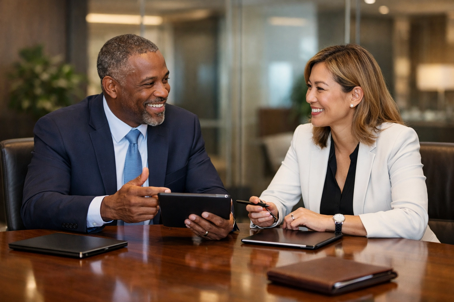 Business executives collaborating on a strategic partnership to grow and scale a modern sports marketing agency.