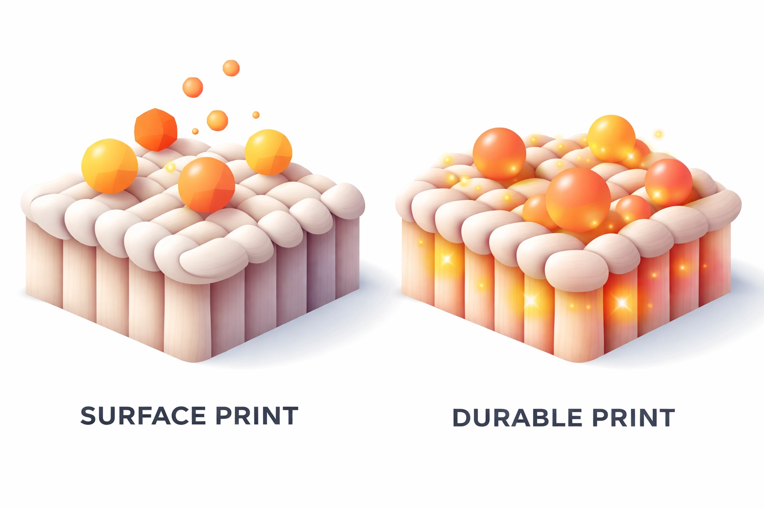 Visual comparison of DTF ink sitting on fabric surface versus sublimation ink embedded in fibers, illustrating print durability.