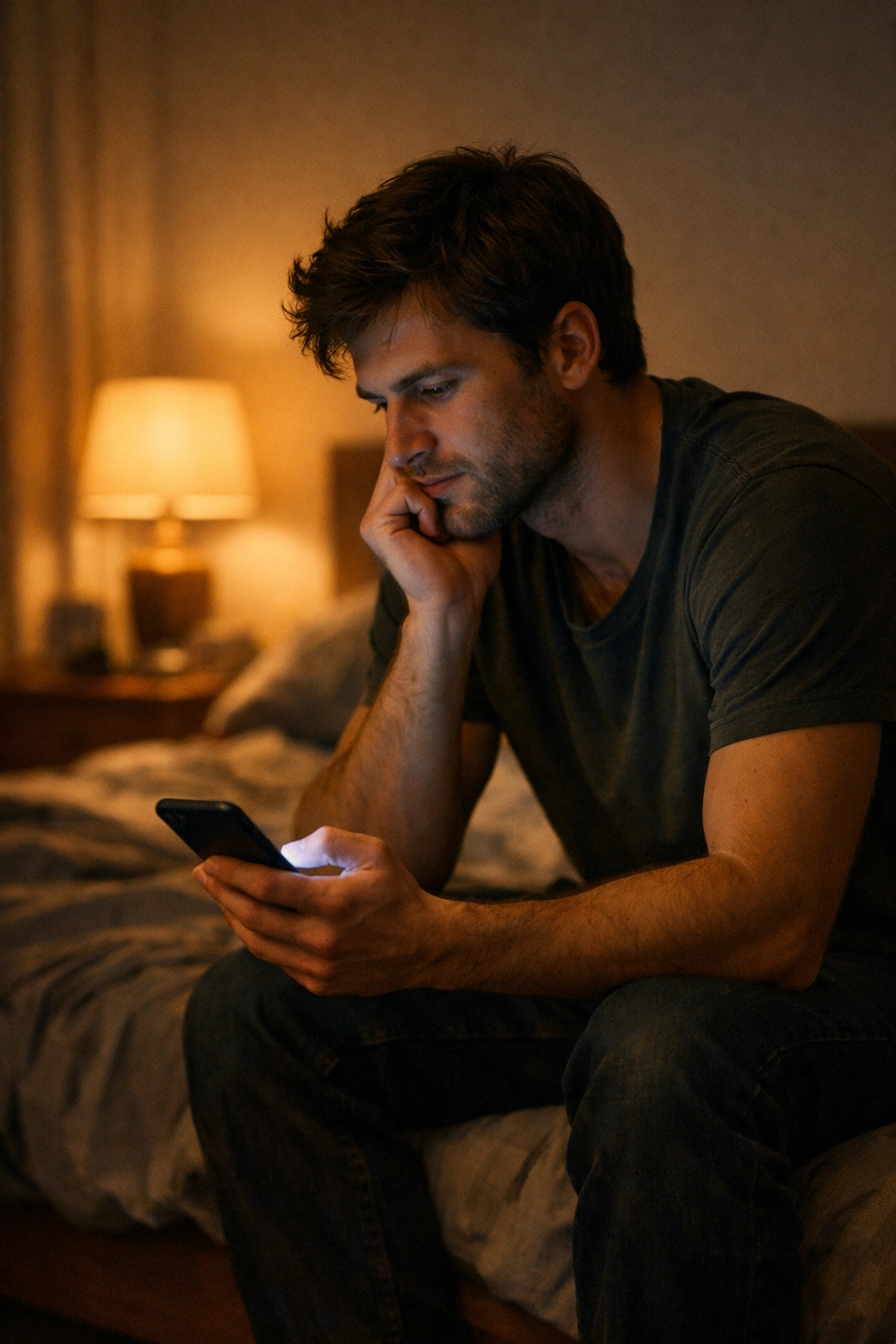 Fiatal férfi az ágy szélén mobiltelefonnal, a pornó okozta merevedési zavar jeleit kutatva.